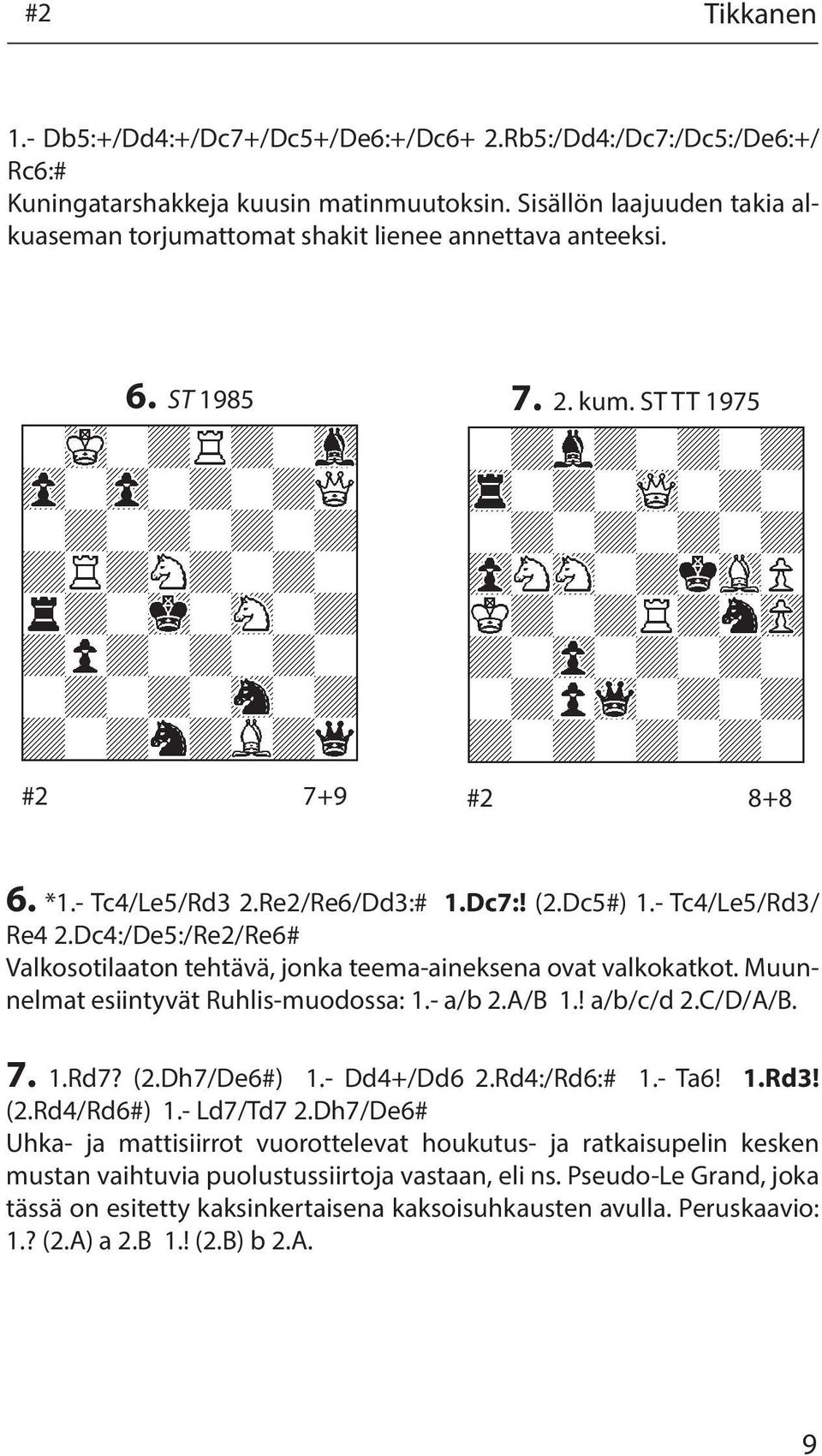 - Tc4/Le5/Rd3/ Re4 2.Dc4:/De5:/Re2/Re6# Valkosotilaaton tehtävä, jonka teema-aineksena ovat valkokatkot. Muunnelmat esiintyvät Ruhlis-muodossa: 1.- a/b 2.A/B 1.! a/b/c/d 2.C/D/A/B. 7. 1.Rd7? (2.