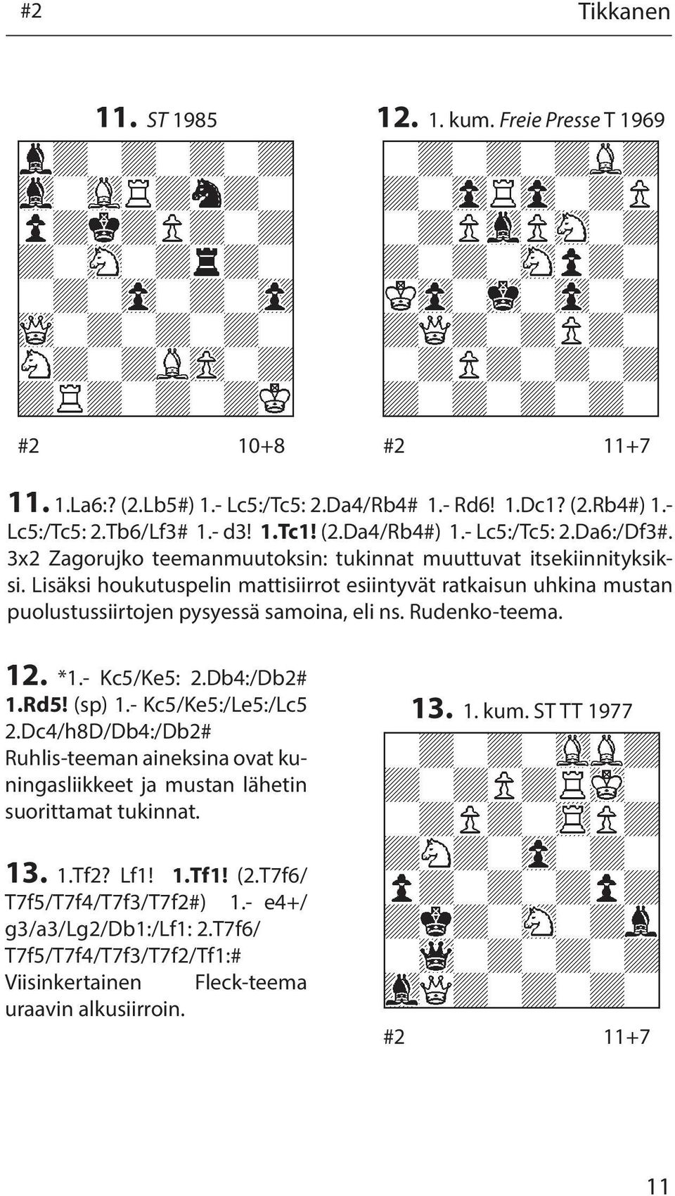 Lisäksi houkutuspelin mattisiirrot esiintyvät ratkaisun uhkina mustan puolustussiirtojen pysyessä samoina, eli ns. Rudenko-teema. 12. *1.- Kc5/Ke5: 2.Db4:/Db2# 1.Rd5! (sp) 1.- Kc5/Ke5:/Le5:/Lc5 2.