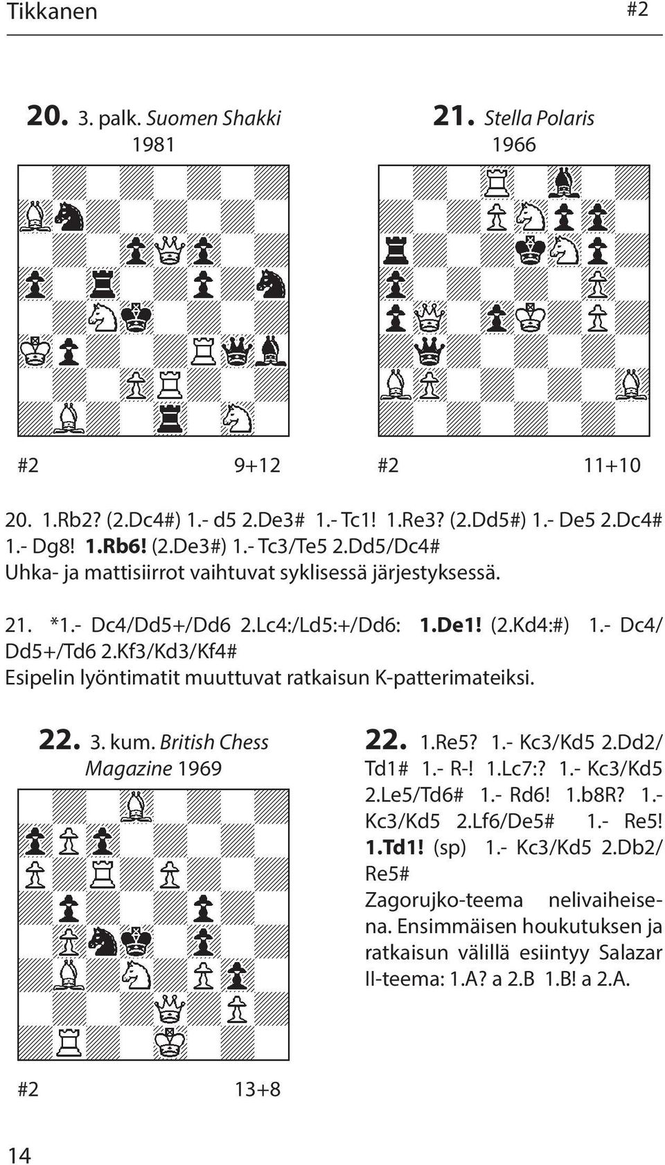 Kf3/Kd3/Kf4# Esipelin lyöntimatit muuttuvat ratkaisun K-patterimateiksi. 22. 3. kum. British Chess Magazine 1969 22. 1.Re5? 1.- Kc3/Kd5 2.Dd2/ Td1# 1.- R-! 1.Lc7:? 1.- Kc3/Kd5 2.Le5/Td6# 1.