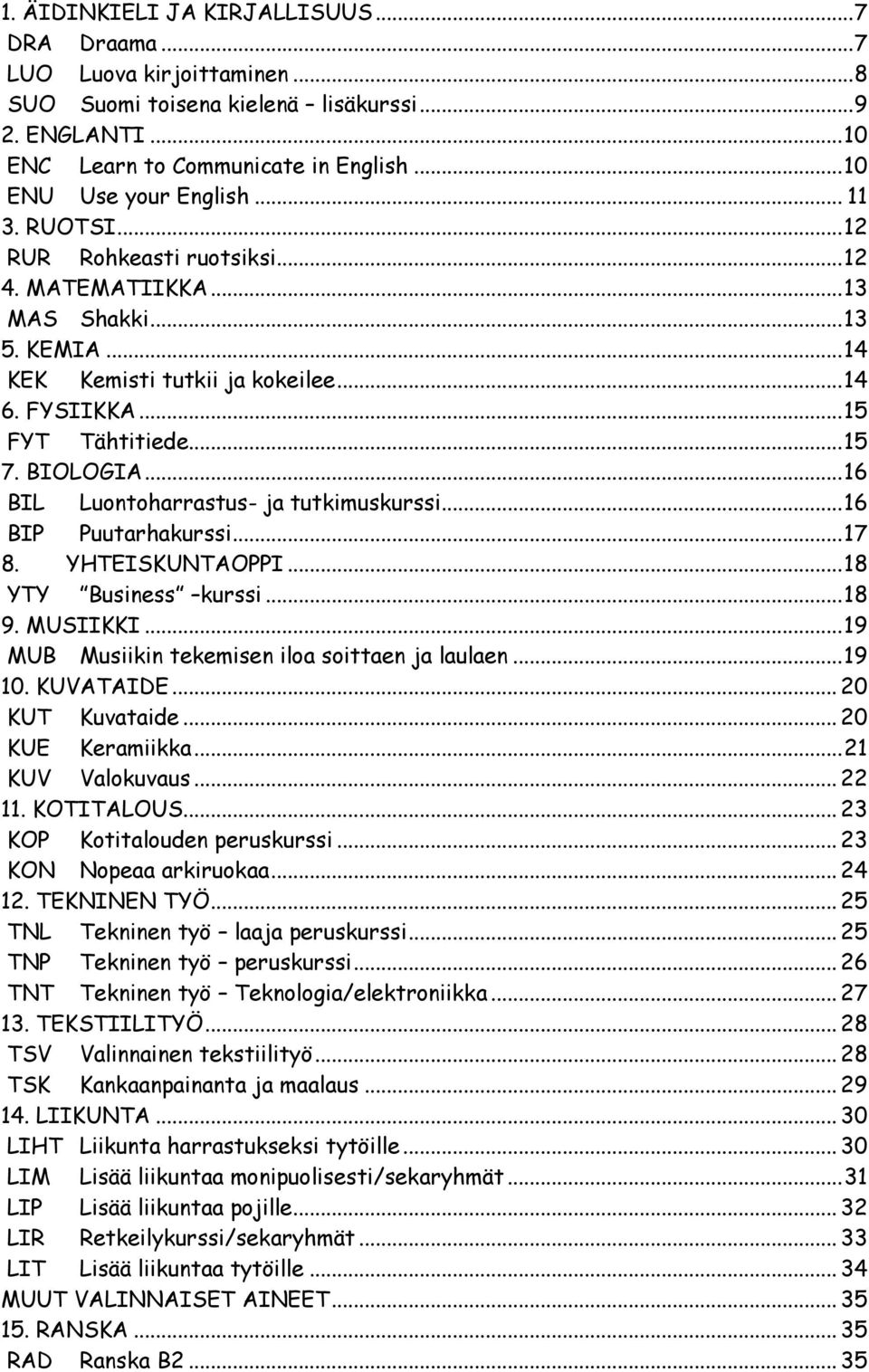 .. 15 FYT Tähtitiede... 15 7. BIOLOGIA... 16 BIL Luontoharrastus- ja tutkimuskurssi... 16 BIP Puutarhakurssi... 17 8. YHTEISKUNTAOPPI... 18 YTY Business kurssi... 18 9. MUSIIKKI.