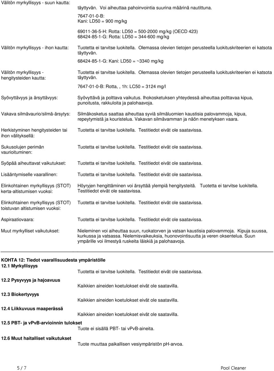 luokituskriteerien ei katsota täyttyvän 68424-85-1-G: Kani: LD50 = ~3340 mg/kg Tuotetta ei tarvitse luokitella Olemassa olevien tietojen perusteella luokituskriteerien ei katsota täyttyvän