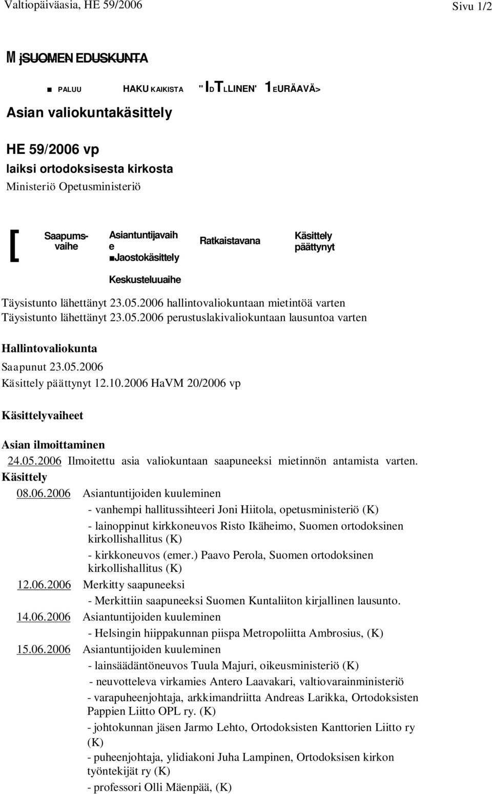 05.2006 perustuslakivaliokuntaan lausuntoa varten Hallintovaliokunta Saapunut 23.05.2006 Käsittely päättynyt 12.10.2006 HaVM 20/2006 vp Käsittelyvaiheet Asian ilmoittaminen 24.05.2006 Ilmoitettu asia valiokuntaan saapuneeksi mietinnön antamista varten.