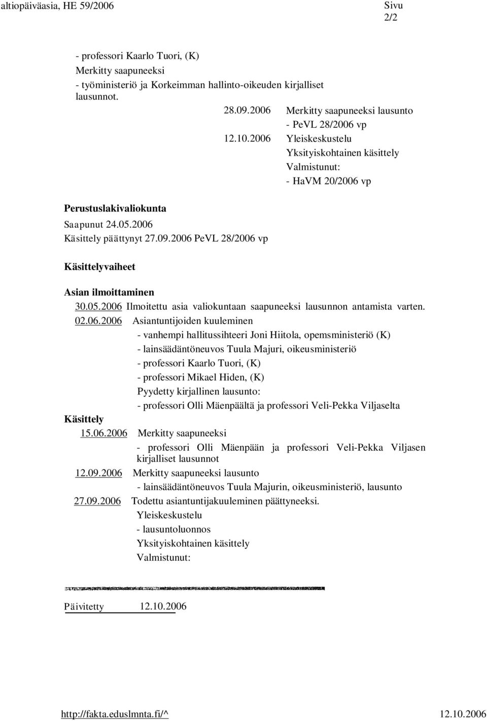 2006 Käsittely päättynyt 27.09.2006 PeVL 28/2006 vp Käsittelyvaiheet Asian ilmoittaminen 30.05.2006 Ilmoitettu asia valiokuntaan saapuneeksi lausunnon antamista varten. 02.06.2006 Asiantuntijoiden