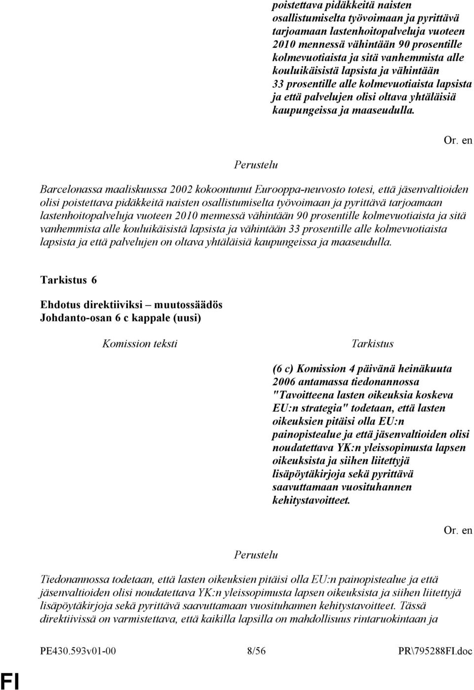 Barcelonassa maaliskuussa 2002 kokoontunut Eurooppa-neuvosto totesi, että jäsenvaltioiden olisi  kouluikäisistä lapsista ja vähintään 33 prosentille alle kolmevuotiaista lapsista ja että palvelujen