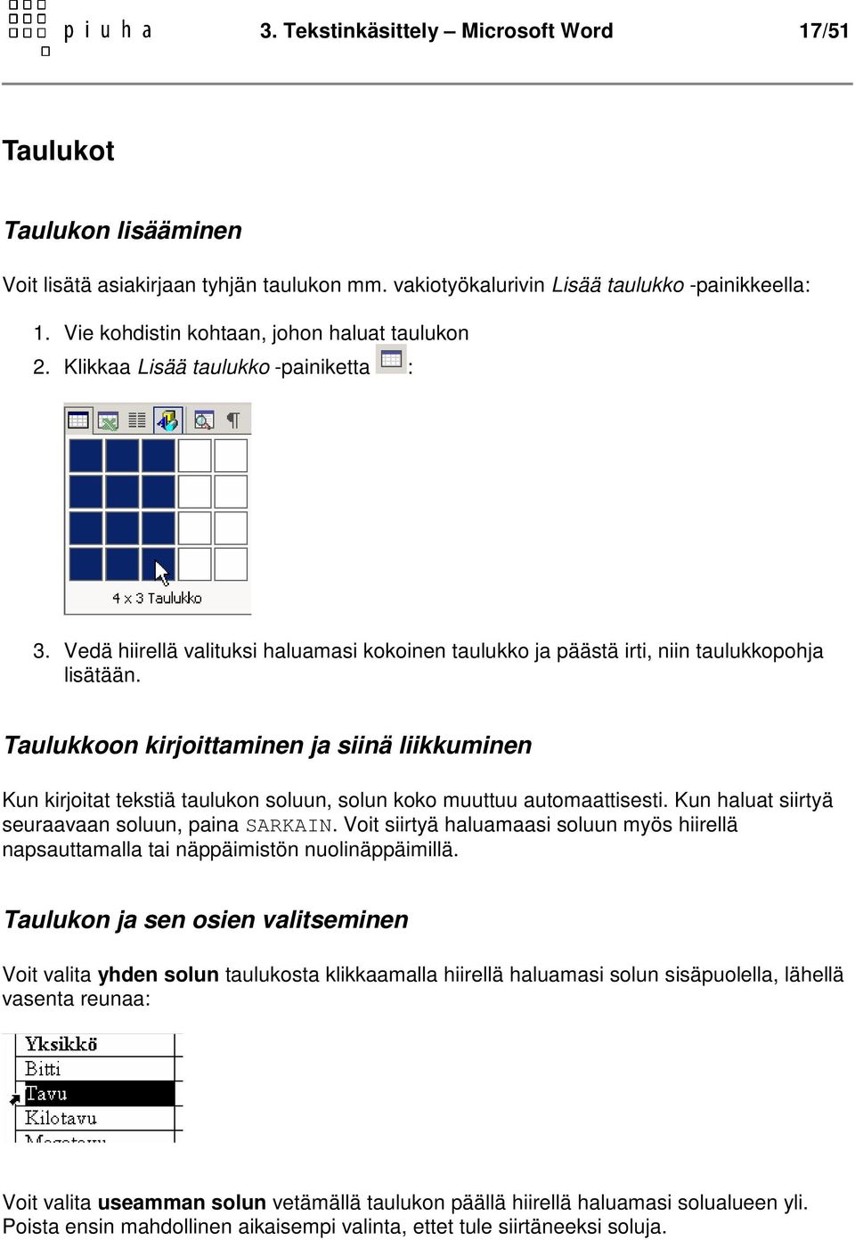 Taulukkoon kirjoittaminen ja siinä liikkuminen Kun kirjoitat tekstiä taulukon soluun, solun koko muuttuu automaattisesti. Kun haluat siirtyä seuraavaan soluun, paina SARKAIN.