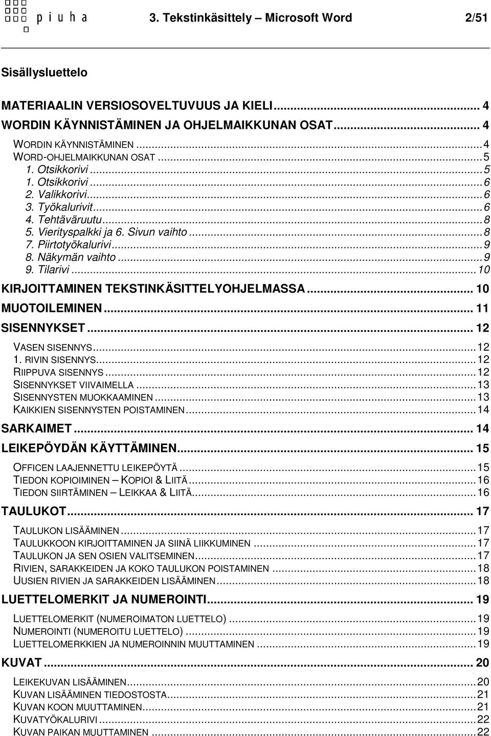 Tilarivi...10 KIRJOITTAMINEN TEKSTINKÄSITTELYOHJELMASSA... 10 MUOTOILEMINEN... 11 SISENNYKSET... 12 VASEN SISENNYS...12 1. RIVIN SISENNYS...12 RIIPPUVA SISENNYS...12 SISENNYKSET VIIVAIMELLA.