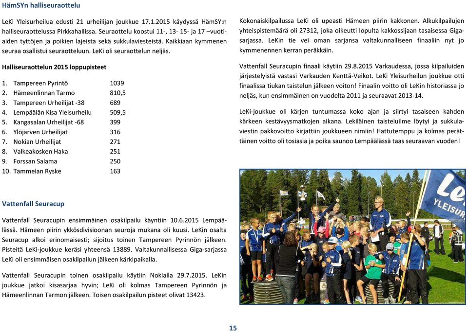 Halliseuraottelun 2015 loppupisteet 1. Tampereen Pyrintö 1039 2. Hämeenlinnan Tarmo 810,5 3. Tampereen Urheilijat -38 689 4. Lempäälän Kisa Yleisurheilu 509,5 5. Kangasalan Urheilijat -68 399 6.