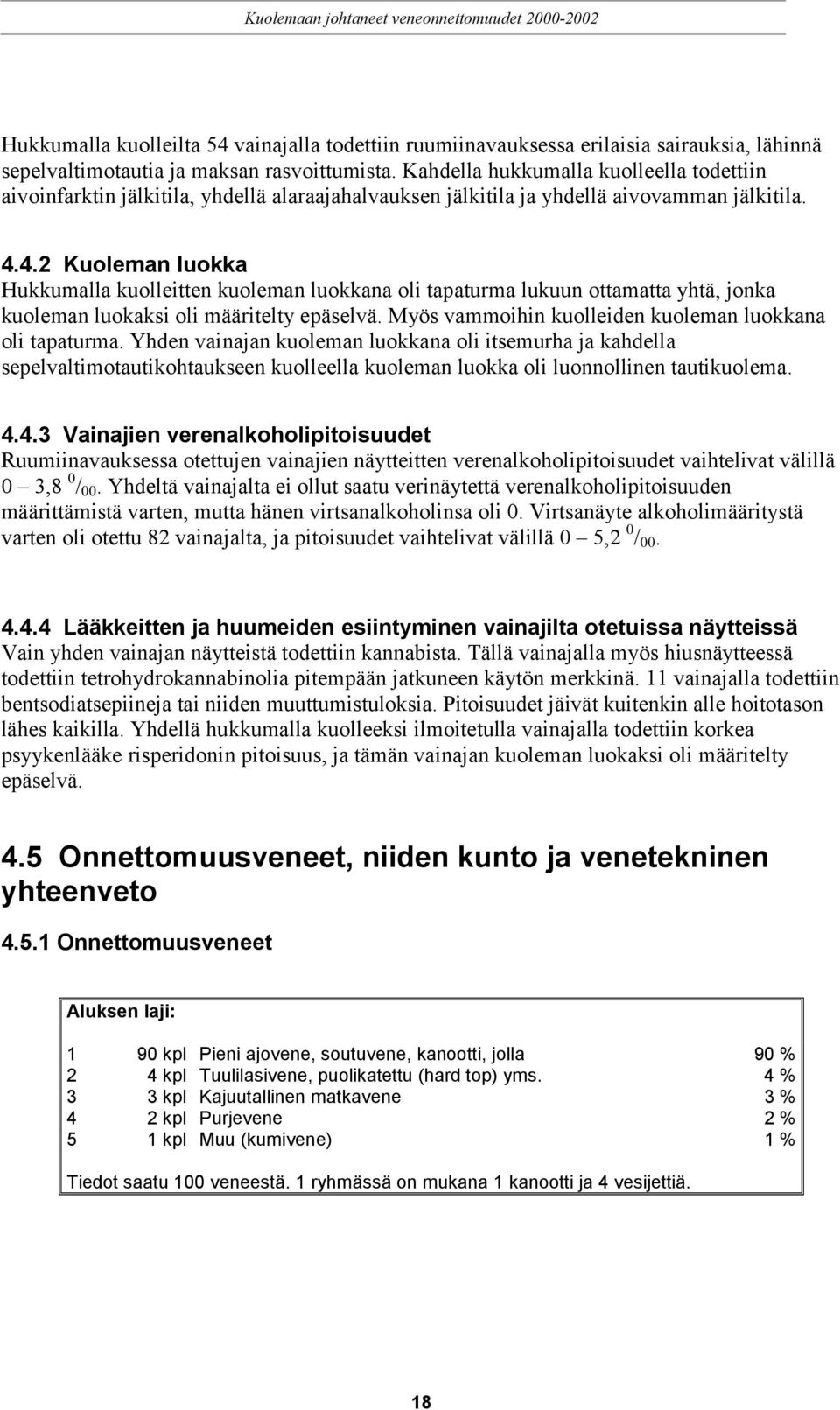 4.2 Kuoleman luokka Hukkumalla kuolleitten kuoleman luokkana oli tapaturma lukuun ottamatta yhtä, jonka kuoleman luokaksi oli määritelty epäselvä.