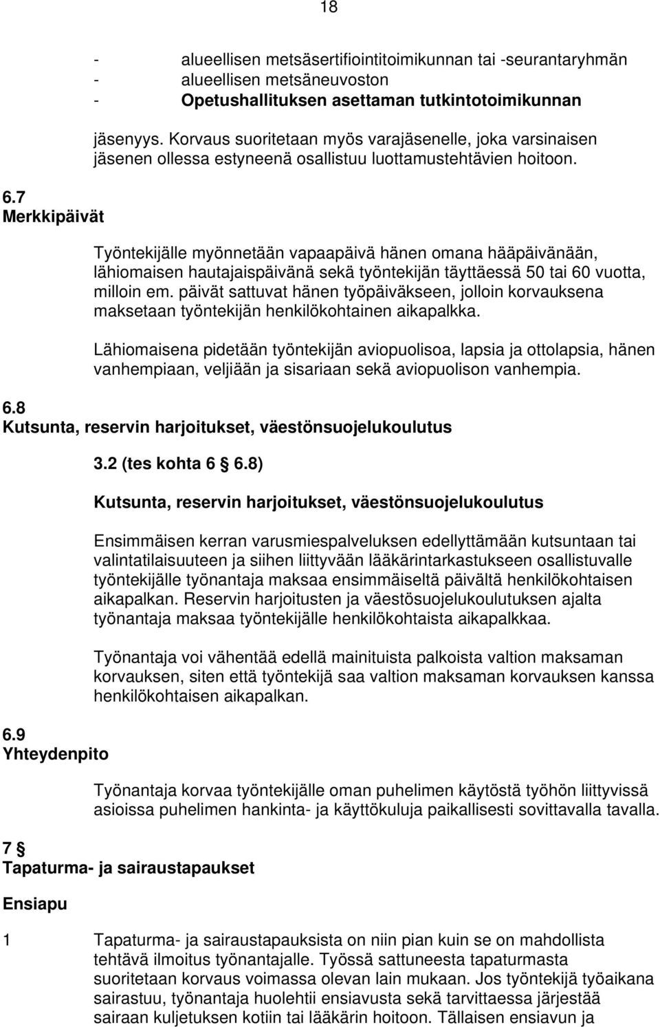 Työntekijälle myönnetään vapaapäivä hänen omana hääpäivänään, lähiomaisen hautajaispäivänä sekä työntekijän täyttäessä 50 tai 60 vuotta, milloin em.