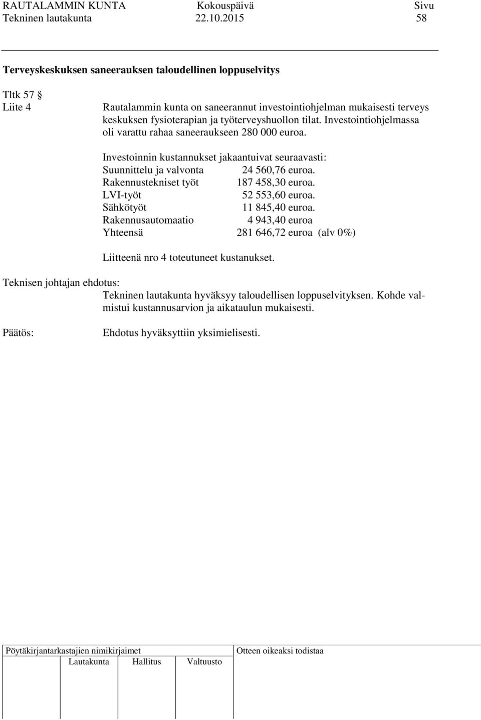 ja työterveyshuollon tilat. Investointiohjelmassa oli varattu rahaa saneeraukseen 280 000 euroa.