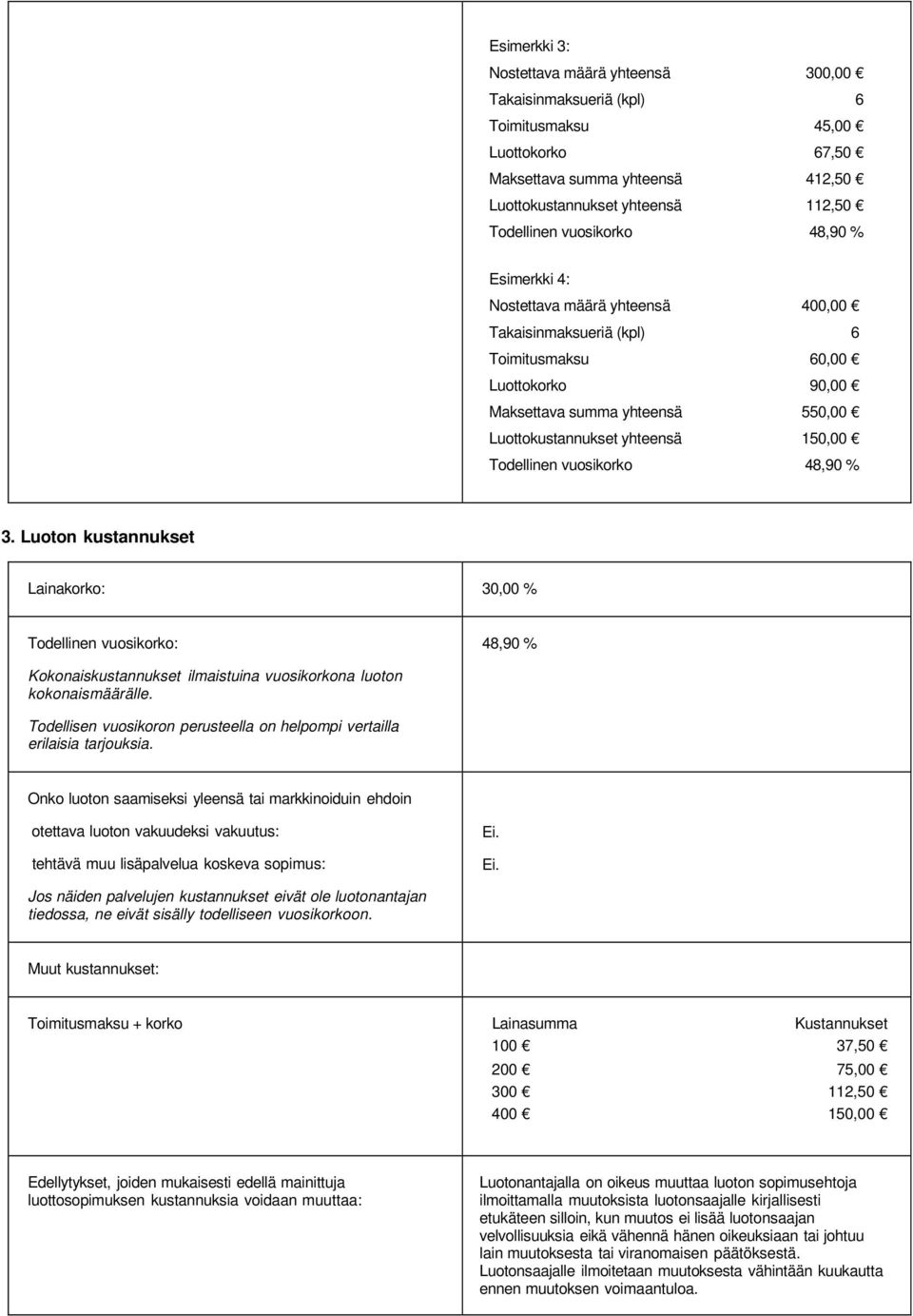 550,00 150,00 48,90 % 3. Luoton kustannukset Lainakorko: 30,00 % Todellinen vuosikorko: 48,90 % Kokonaiskustannukset ilmaistuina vuosikorkona luoton kokonaismäärälle.