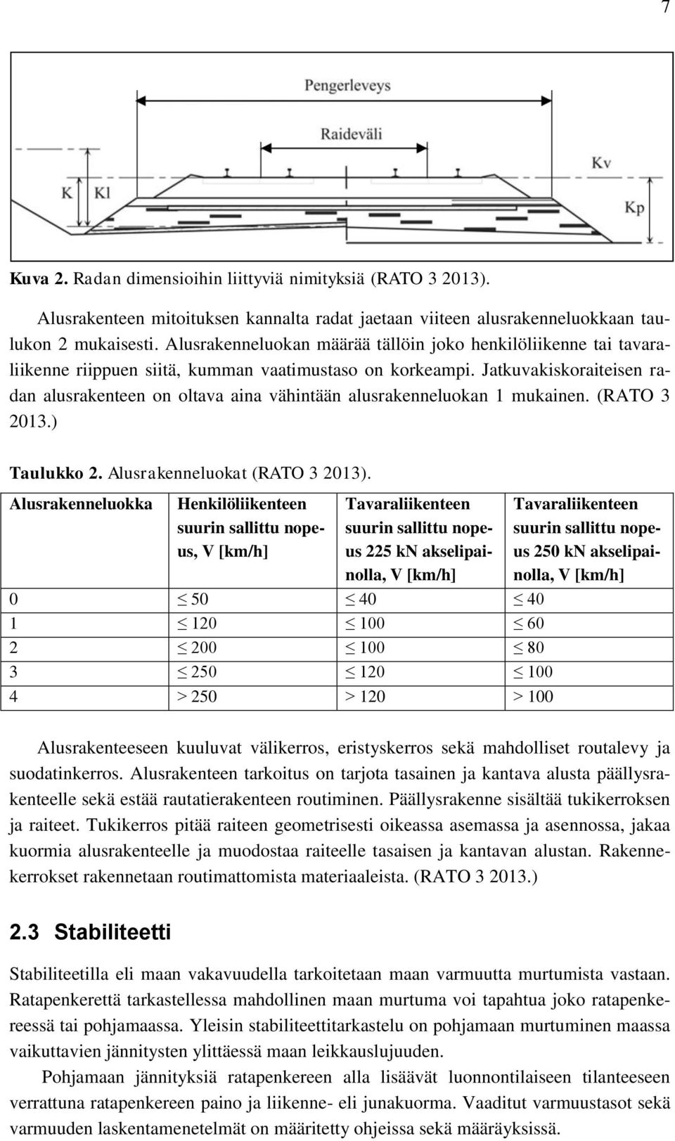 Jatkuvakiskoraiteisen radan alusrakenteen on oltava aina vähintään alusrakenneluokan 1 mukainen. (RATO 3 2013.) Taulukko 2. Alusrakenneluokat (RATO 3 2013).