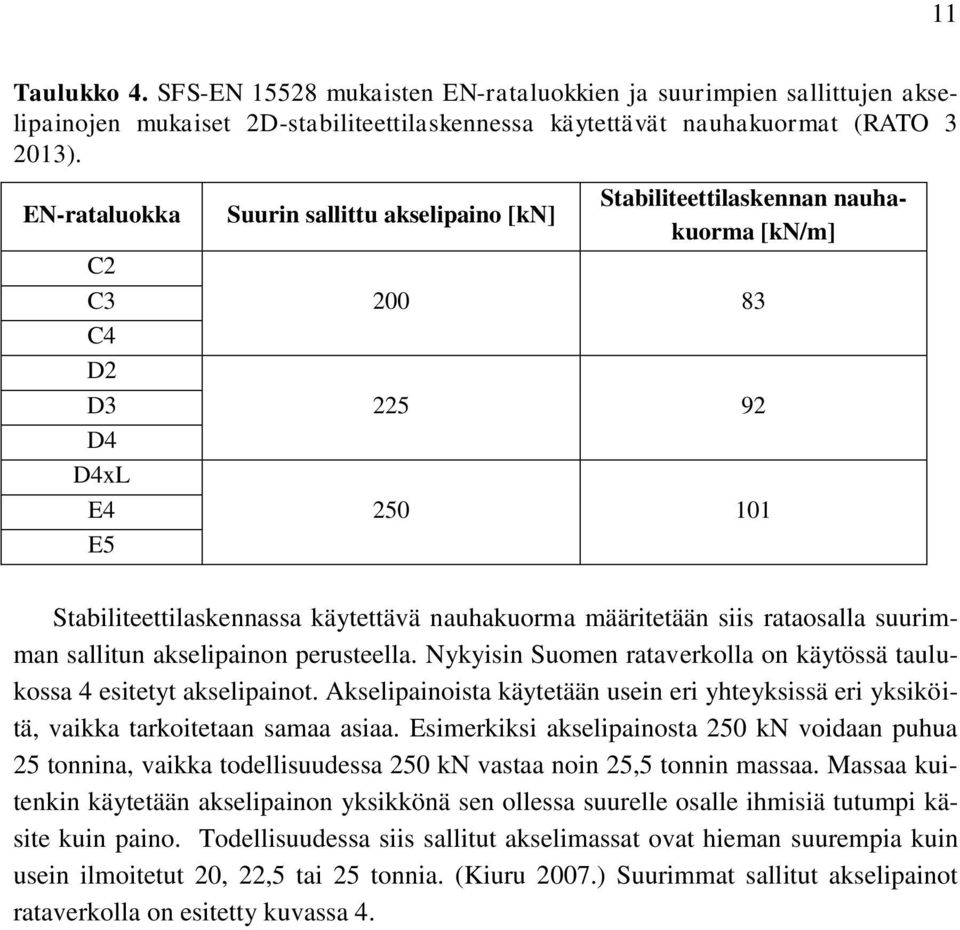 siis rataosalla suurimman sallitun akselipainon perusteella. Nykyisin Suomen rataverkolla on käytössä taulukossa 4 esitetyt akselipainot.