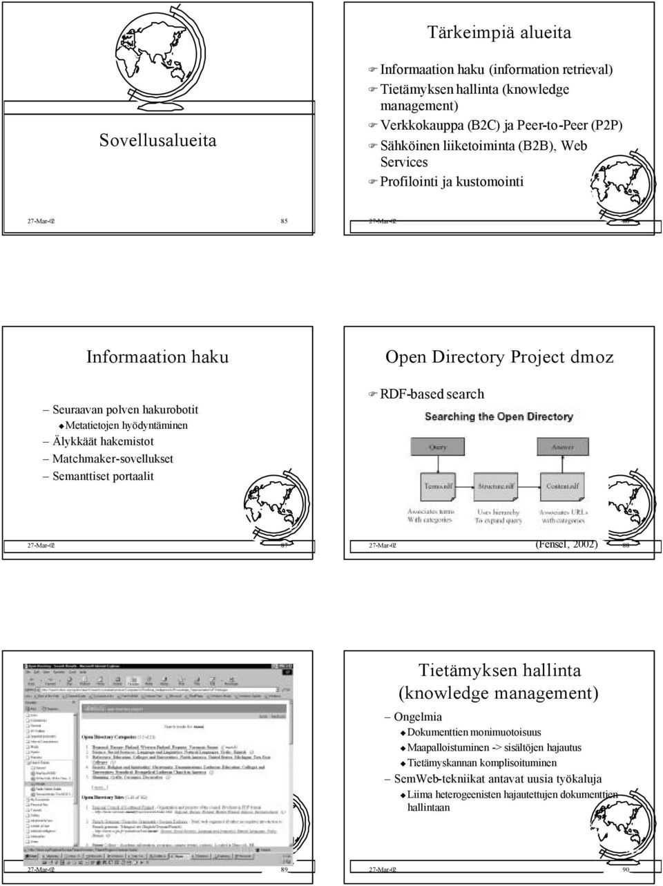 hakemistot Matchmaker-sovellukset Semanttiset portaalit RDF-based search 27-Mar-02 87 (Fensel, 2002) 27-Mar-02 88 Tietämyksen hallinta (knowledge management) Ongelmia Dokumenttien