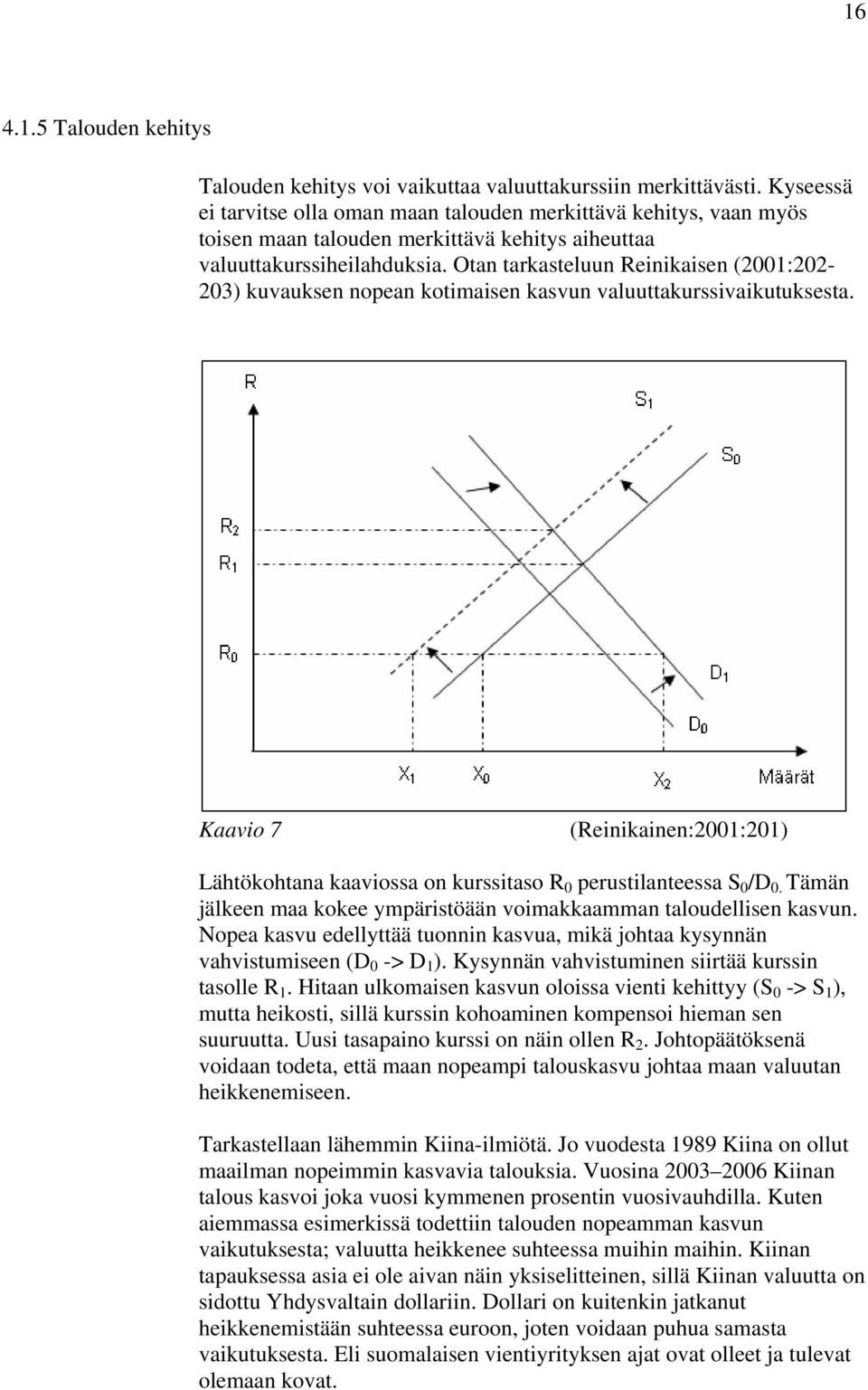 Otan tarkasteluun Reinikaisen (2001:202-203) kuvauksen nopean kotimaisen kasvun valuuttakurssivaikutuksesta.