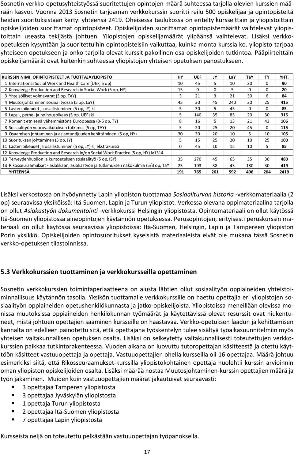 Oheisessa taulukossa on eritelty kursseittain ja yliopistoittain opiskelijoiden suorittamat opintopisteet.