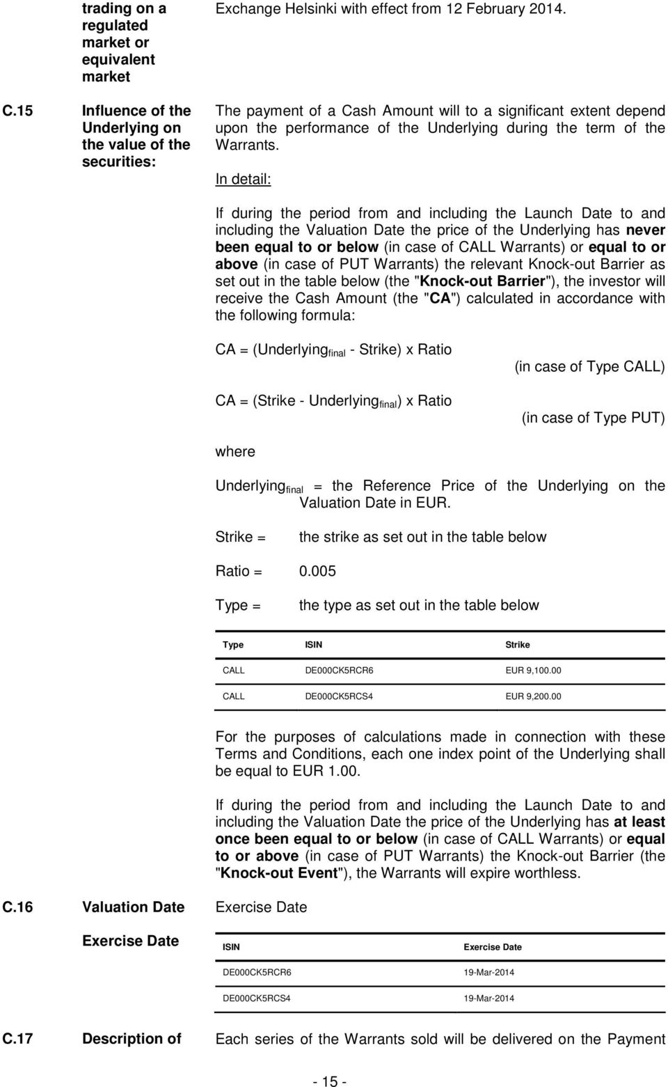 In detail: If during the period from and including the Launch Date to and including the Valuation Date the price of the Underlying has never been equal to or below (in case of CALL Warrants) or equal
