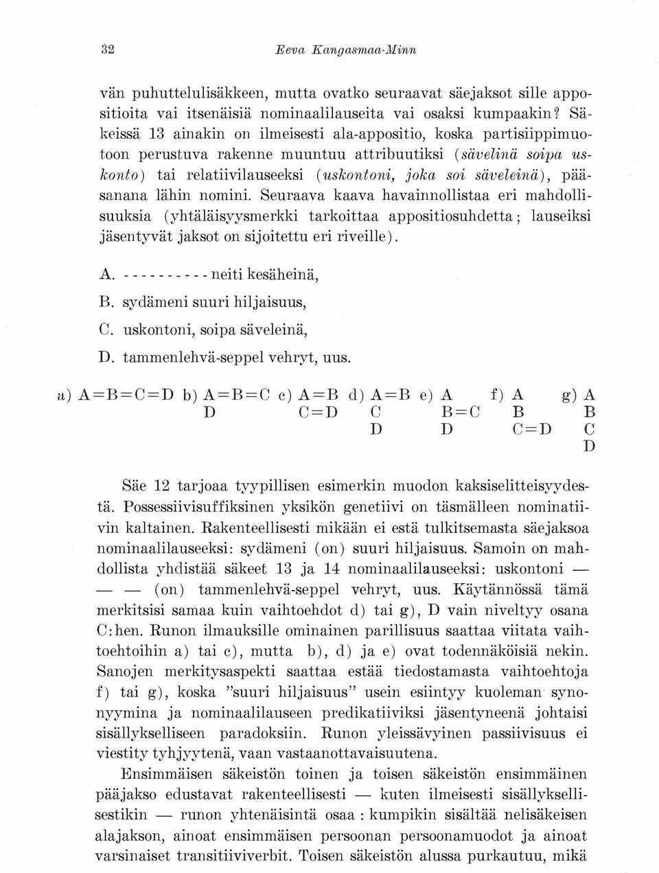 kaava havainnollistaa eri mahdollisuuksia (yhtäläisyysmerkki tarkoittaa appositiosuhdetta; lauseiksi jäsentyvät jaksot on sijoitettu eri riveille). A. - -- - --- --- neiti kesäheinä, B.