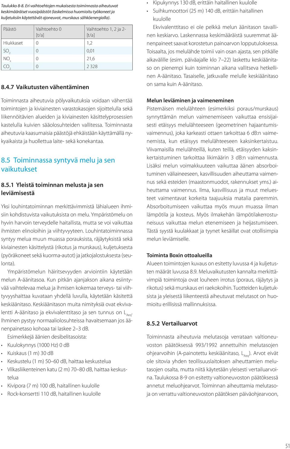 7 Vaikutusten vähentäminen Vaihtoehto 1, 2 ja 2 [t/a] Toiminnasta aiheutuvia pölyvaikutuksia voidaan vähentää toimintojen ja kiviainesten varastokasojen sijoittelulla sekä liikennöitävien alueiden ja