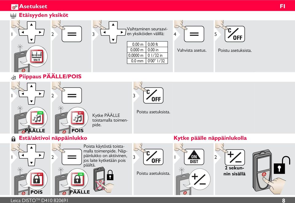 Piippaus PÄÄLLE/POIS 1 2 1 PÄÄLLE POIS Estä/aktivoi näppäinlukko 2 Kytke PÄÄLLE toistamalla toimenpide.