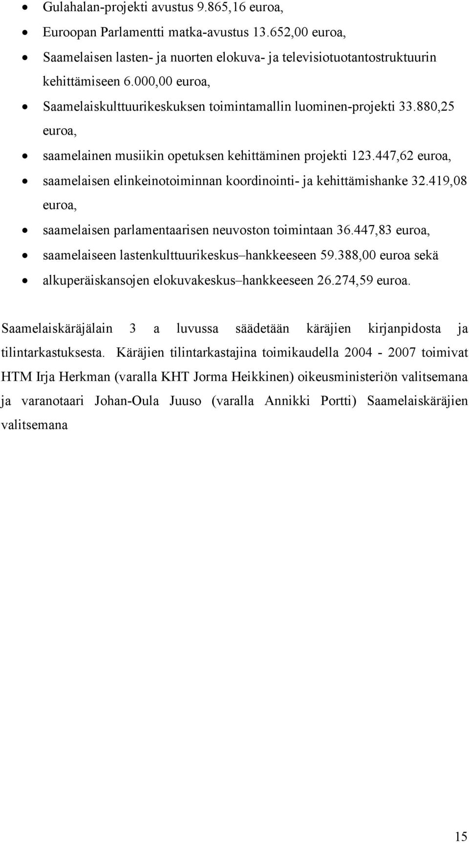 447,62 euroa, saamelaisen elinkeinotoiminnan koordinointi- ja kehittämishanke 32.419,08 euroa, saamelaisen parlamentaarisen neuvoston toimintaan 36.