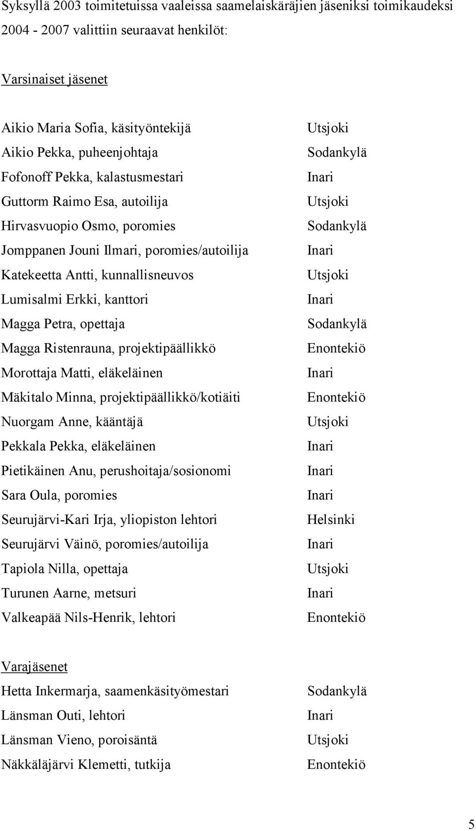 kanttori Magga Petra, opettaja Magga Ristenrauna, projektipäällikkö Morottaja Matti, eläkeläinen Mäkitalo Minna, projektipäällikkö/kotiäiti Nuorgam Anne, kääntäjä Pekkala Pekka, eläkeläinen