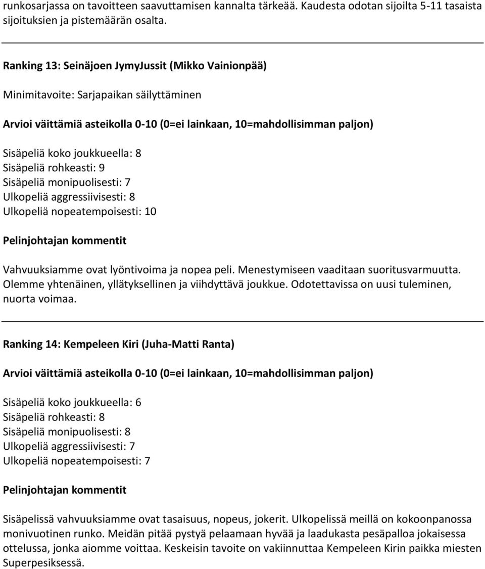 nopeatempoisesti: 10 Vahvuuksiamme ovat lyöntivoima ja nopea peli. Menestymiseen vaaditaan suoritusvarmuutta. Olemme yhtenäinen, yllätyksellinen ja viihdyttävä joukkue.