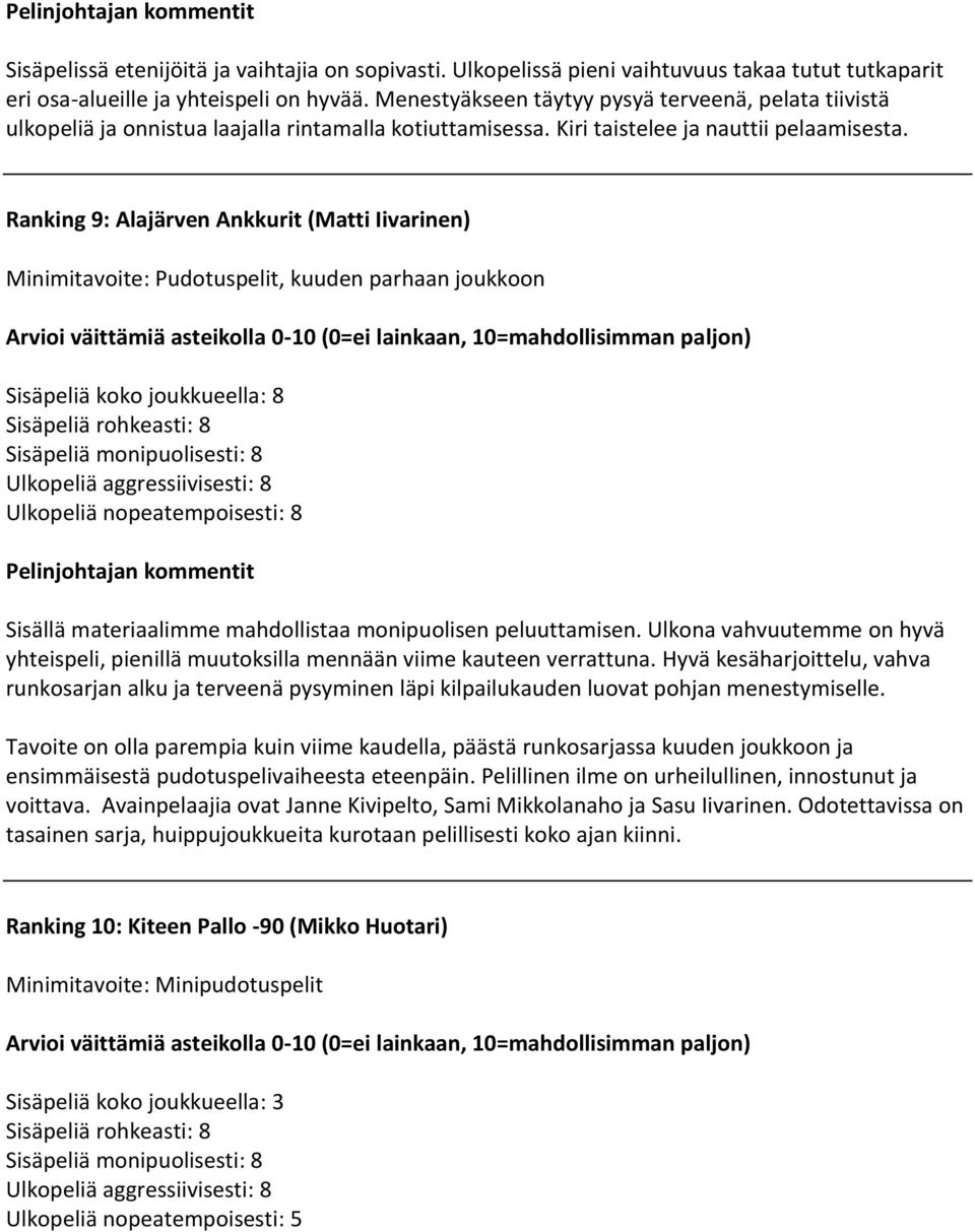 Ranking 9: Alajärven Ankkurit (Matti Iivarinen) Minimitavoite: Pudotuspelit, kuuden parhaan joukkoon Sisäpeliä koko joukkueella: 8 Sisäpeliä monipuolisesti: 8 Ulkopeliä nopeatempoisesti: 8 Sisällä
