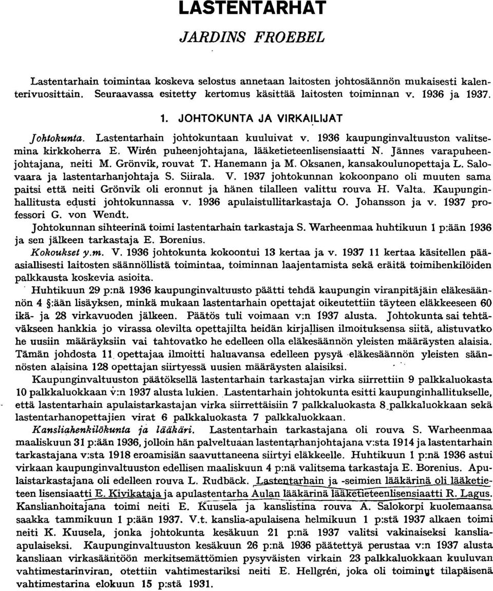 Jännes varapuheenjohtajana, neiti M. Grönvik, rouvat T. Hanemann ja M. Oksanen, kansakoulunopettaja L. Salovaara ja lastentarhanjohtaja S. Siirala. V.