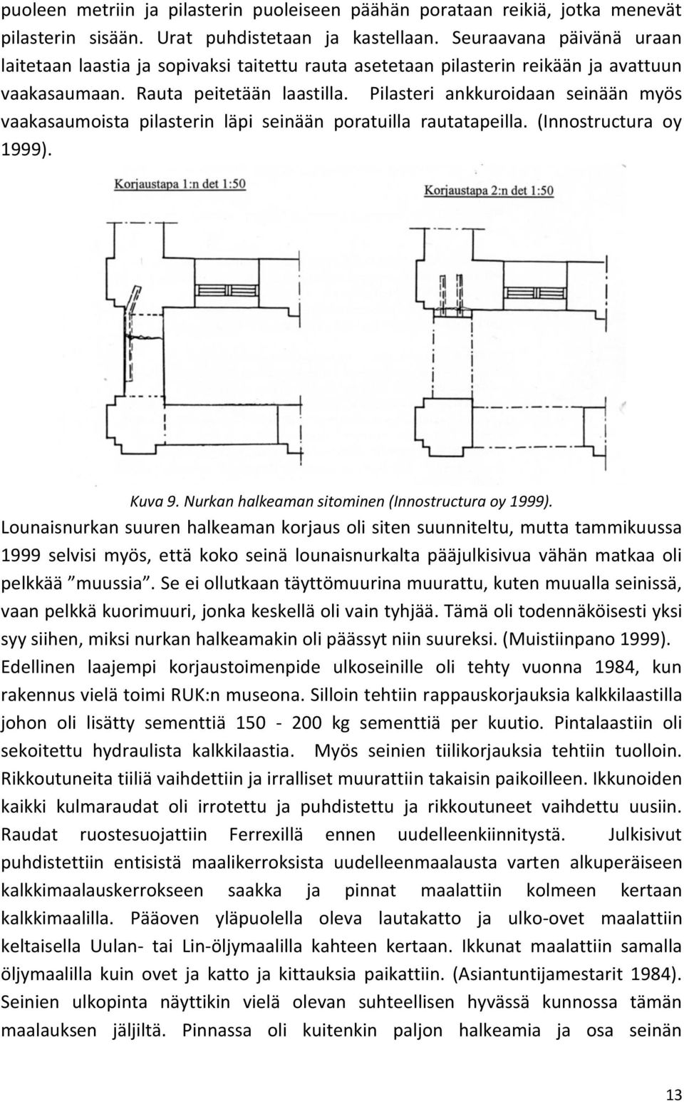 Pilasteri ankkuroidaan seinään myös vaakasaumoista pilasterin läpi seinään poratuilla rautatapeilla. (Innostructura oy 1999). Kuva 9. Nurkan halkeaman sitominen (Innostructura oy 1999).