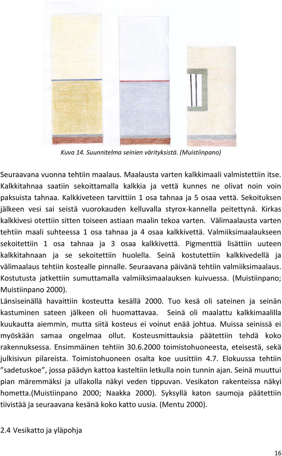 Sekoituksen jälkeen vesi sai seistä vuorokauden kelluvalla styrox-kannella peitettynä. Kirkas kalkkivesi otettiin sitten toiseen astiaan maalin tekoa varten.