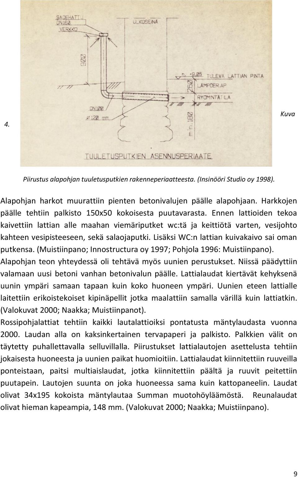 Ennen lattioiden tekoa kaivettiin lattian alle maahan viemäriputket wc:tä ja keittiötä varten, vesijohto kahteen vesipisteeseen, sekä salaojaputki. Lisäksi WC:n lattian kuivakaivo sai oman putkensa.