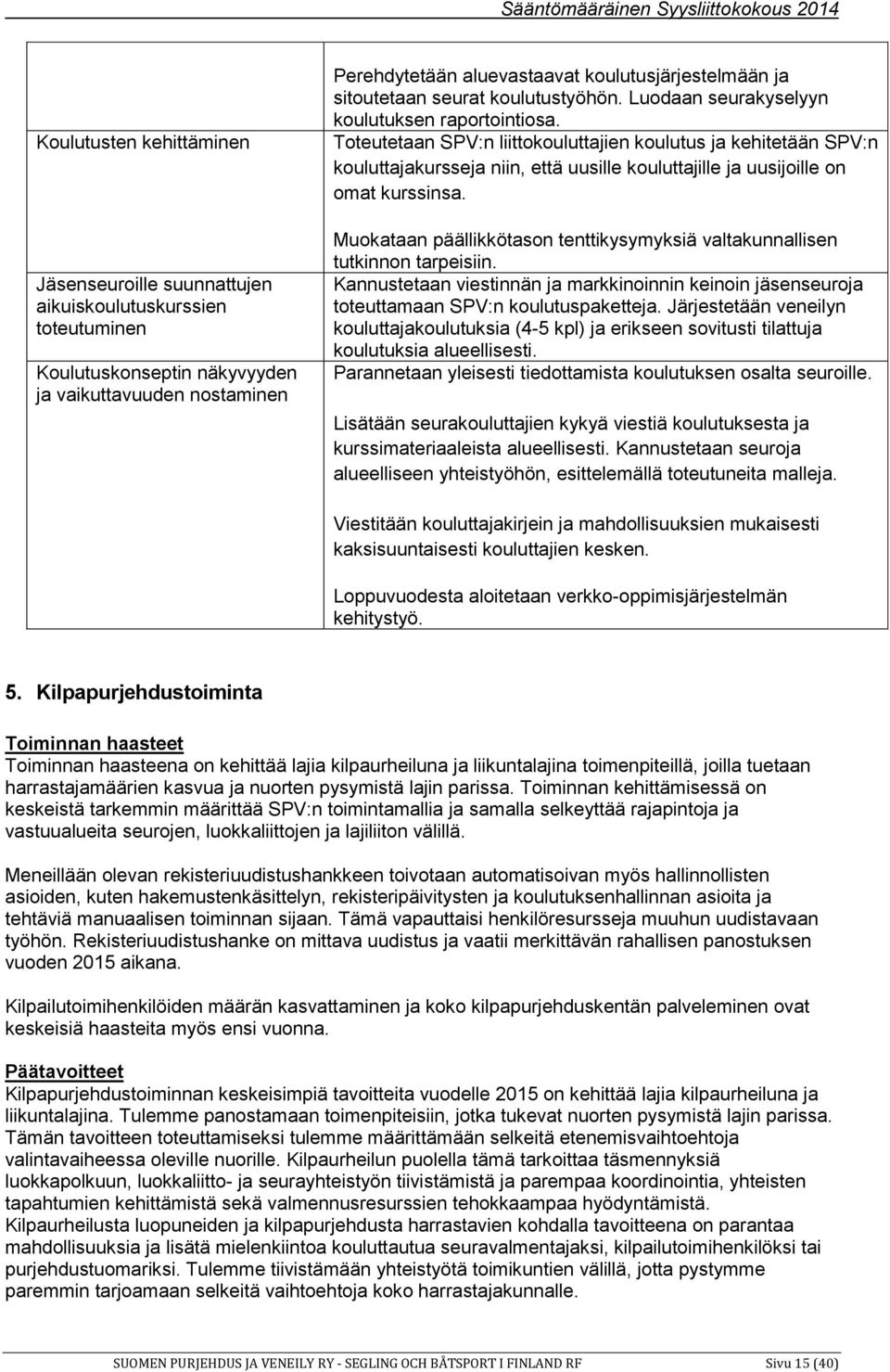 Toteutetaan SPV:n liittokouluttajien koulutus ja kehitetään SPV:n kouluttajakursseja niin, että uusille kouluttajille ja uusijoille on omat kurssinsa.