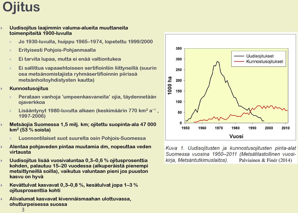 umpeenkasvaneita ojia, täydennetään ojaverkkoa Lisääntynyt 1980-luvulta alkaen (keskimäärin 770 km 2 a 1, 1997-2006) Metsäojia Suomessa 1,5 milj.