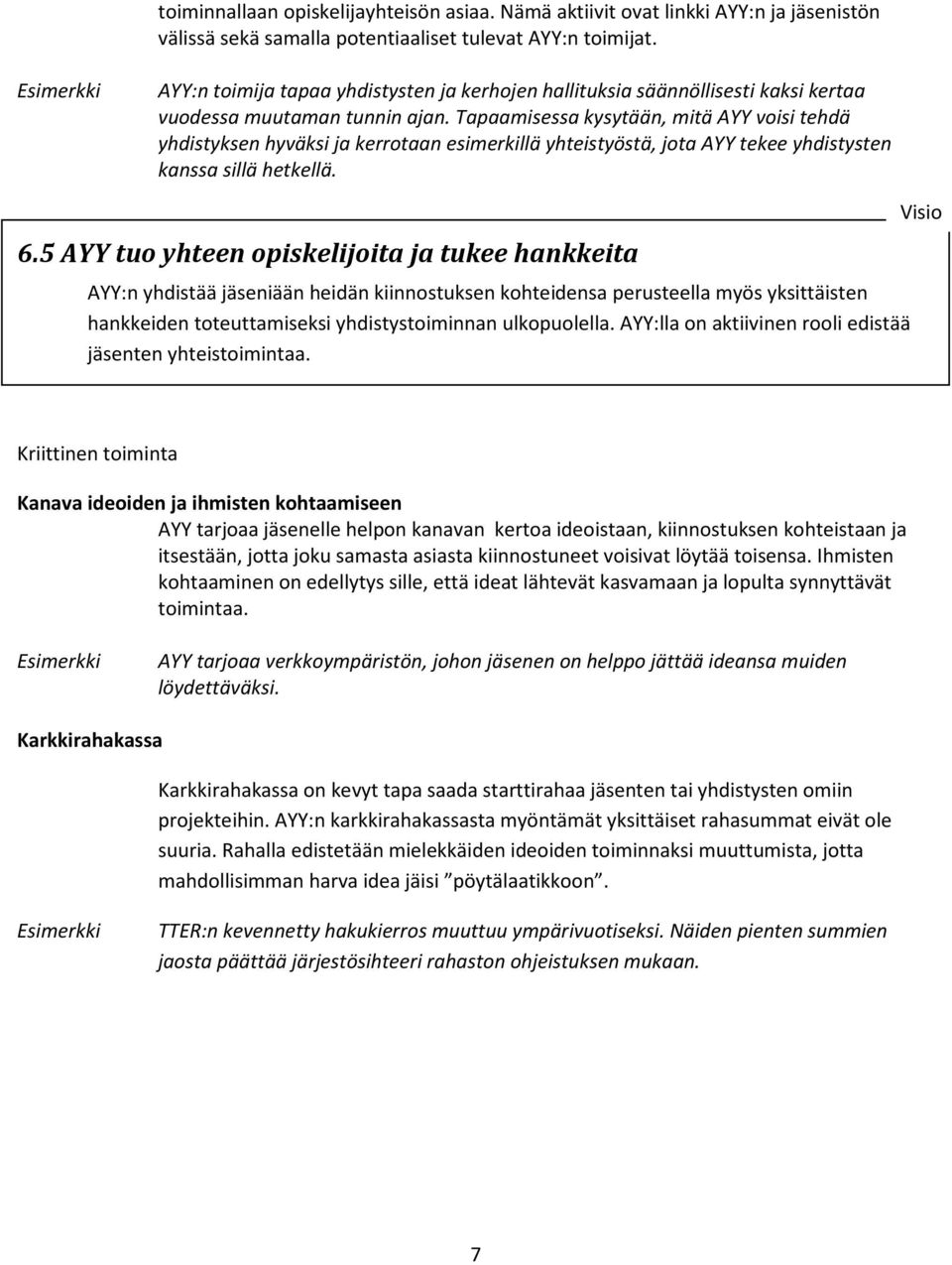 Tapaamisessa kysytään, mitä AYY voisi tehdä yhdistyksen hyväksi ja kerrotaan esimerkillä yhteistyöstä, jota AYY tekee yhdistysten kanssa sillä hetkellä. 6.