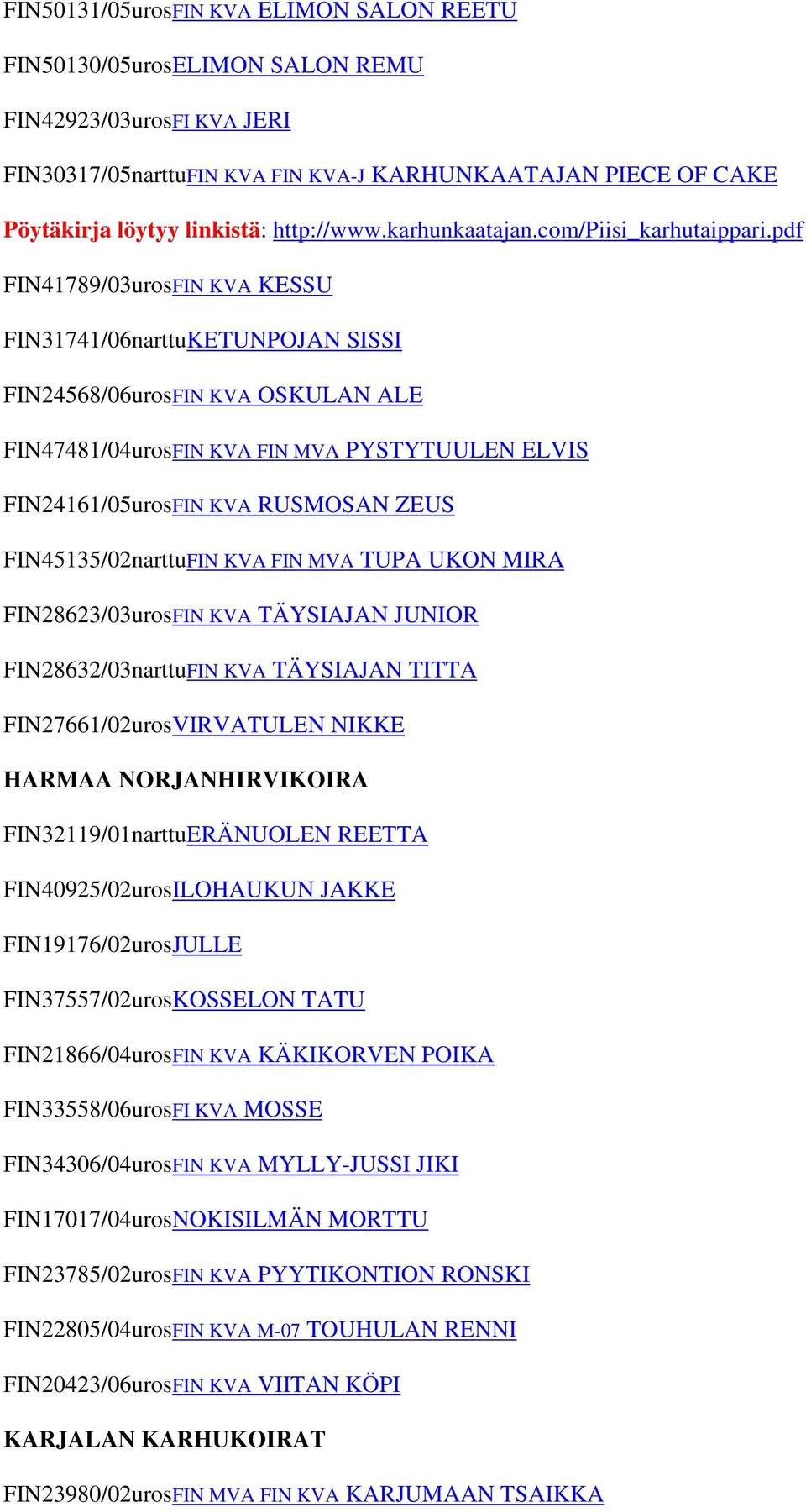 pdf FIN41789/03urosFIN KVA KESSU FIN31741/06narttuKETUNPOJAN SISSI FIN24568/06urosFIN KVA OSKULAN ALE FIN47481/04urosFIN KVA FIN MVA PYSTYTUULEN ELVIS FIN24161/05urosFIN KVA RUSMOSAN ZEUS