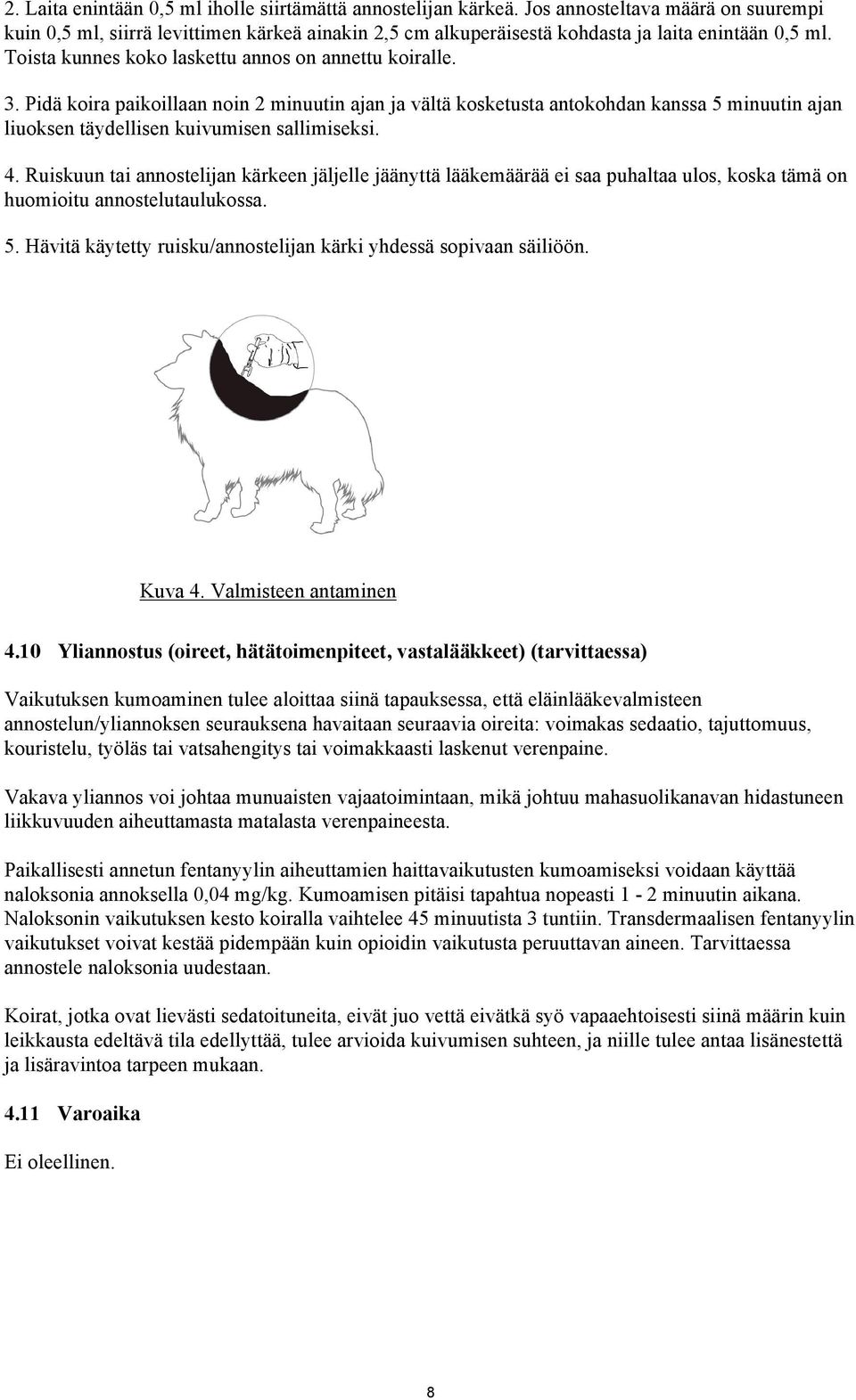 Pidä koira paikoillaan noin 2 minuutin ajan ja vältä kosketusta antokohdan kanssa 5 minuutin ajan liuoksen täydellisen kuivumisen sallimiseksi. 4.