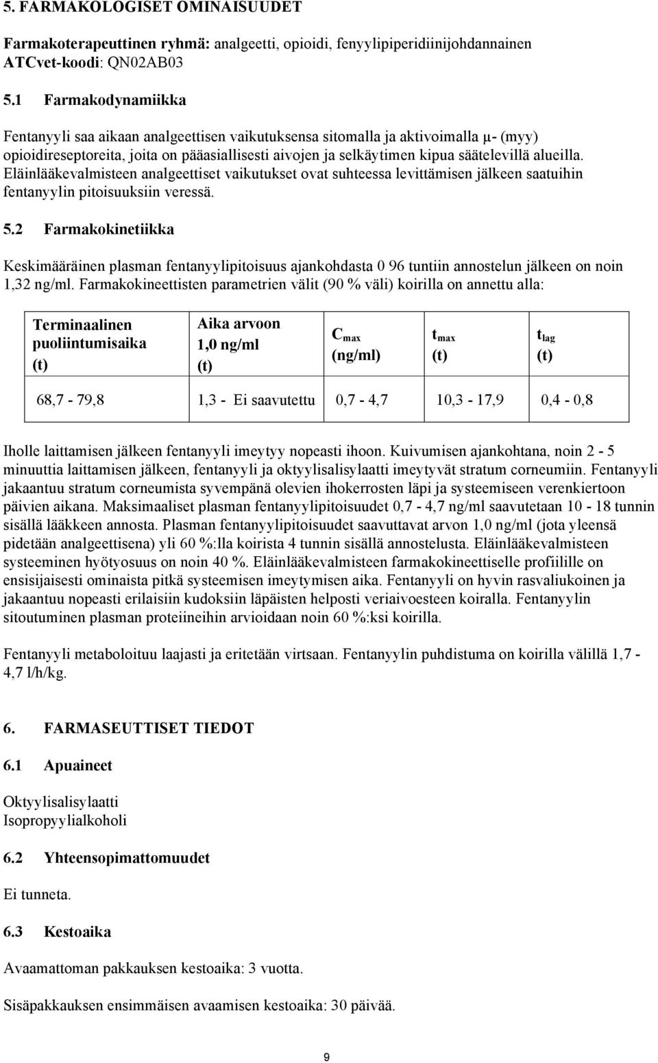 alueilla. Eläinlääkevalmisteen analgeettiset vaikutukset ovat suhteessa levittämisen jälkeen saatuihin fentanyylin pitoisuuksiin veressä. 5.