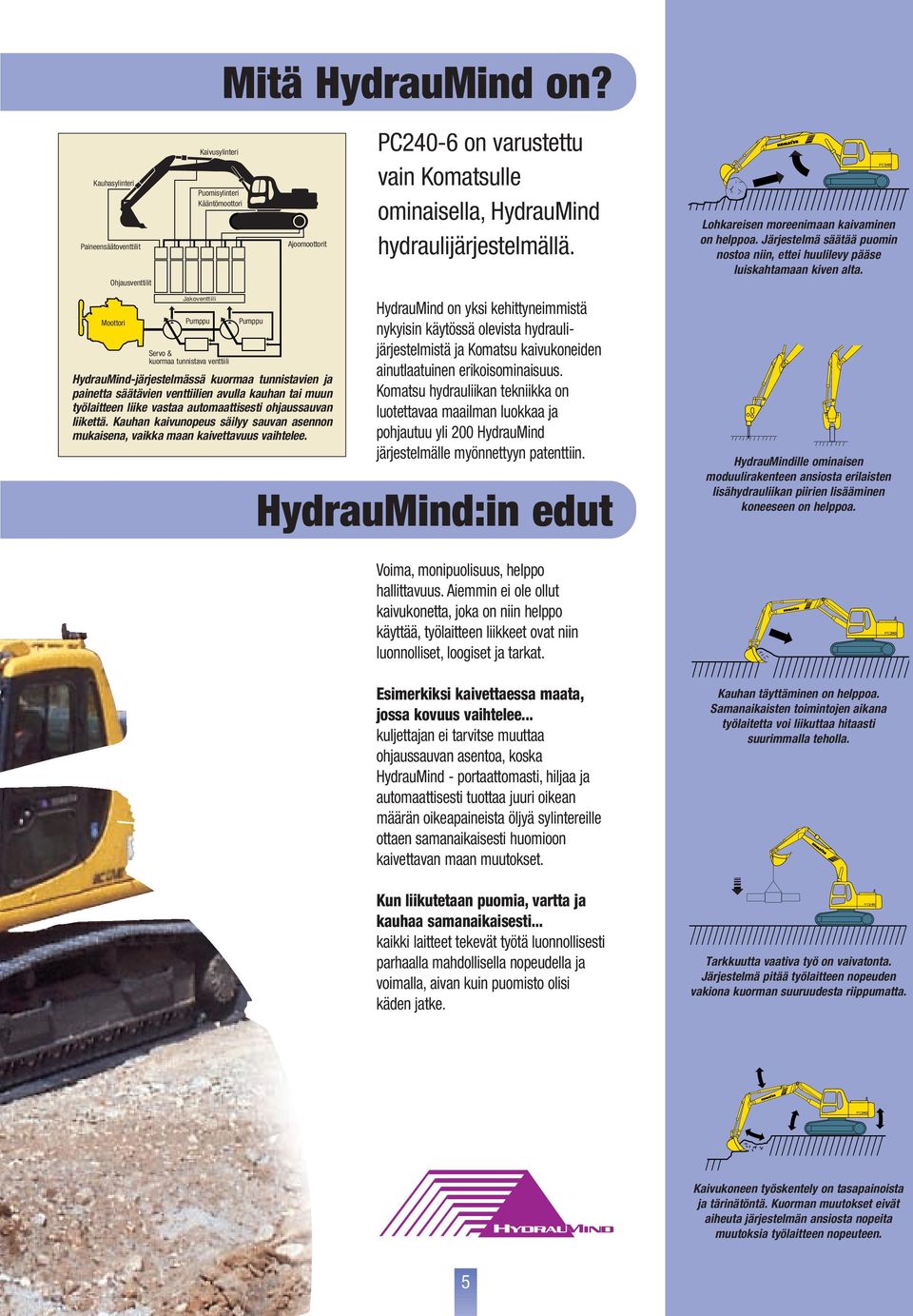 HydrauMind-järjestelmässä kuormaa tunnistavien ja painetta säätävien venttiilien avulla kauhan tai muun työlaitteen liike vastaa automaattisesti ohjaussauvan liikettä.