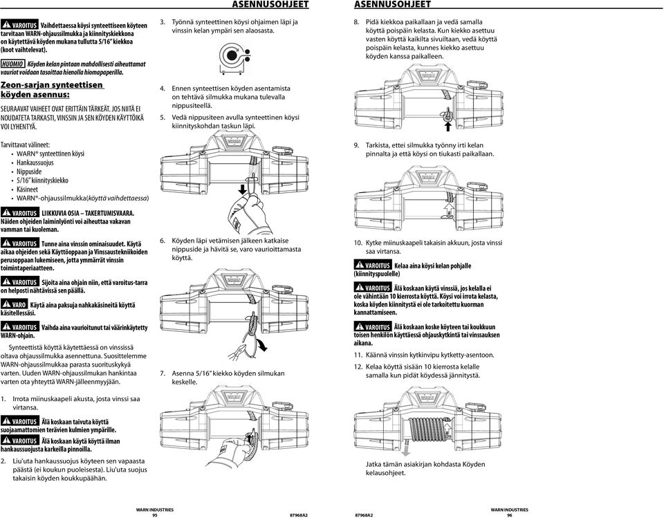 Zeon-sarjan synteettisen köyden asennus: WARN synteettinen köysi Hankaussuojus Nippuside 5/16 kiinnityskiekko WARN -ohjaussilmukka(köyttä vaihdettaessa) LIIKKUVIA OSIA TAKERTUMISVAARA.