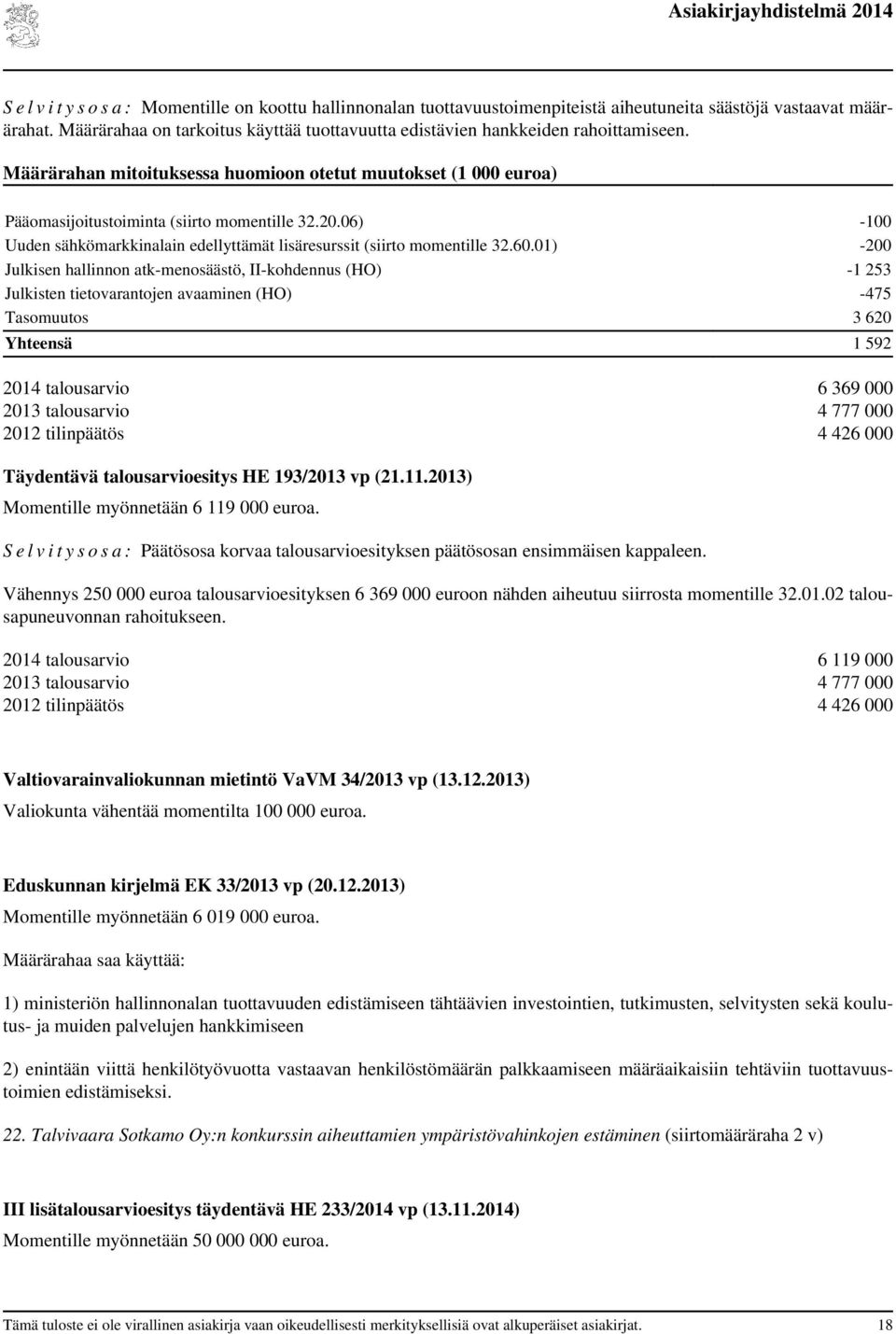 06) -100 Uuden sähkömarkkinalain edellyttämät lisäresurssit (siirto momentille 32.60.