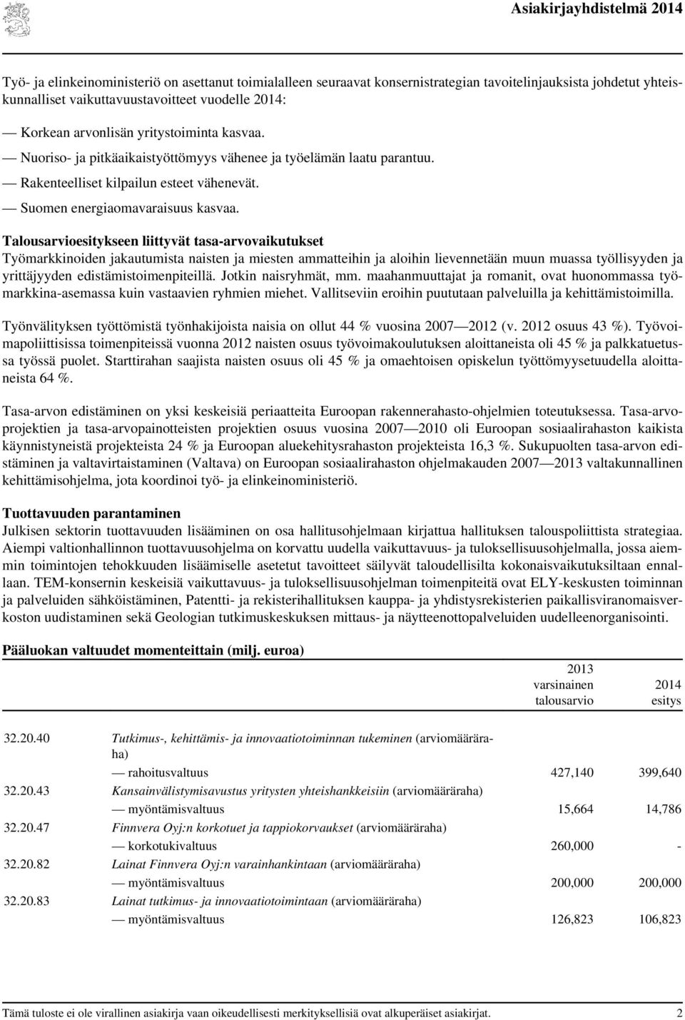 Talousarvioesitykseen liittyvät tasa-arvovaikutukset Työmarkkinoiden jakautumista naisten ja miesten ammatteihin ja aloihin lievennetään muun muassa työllisyyden ja yrittäjyyden