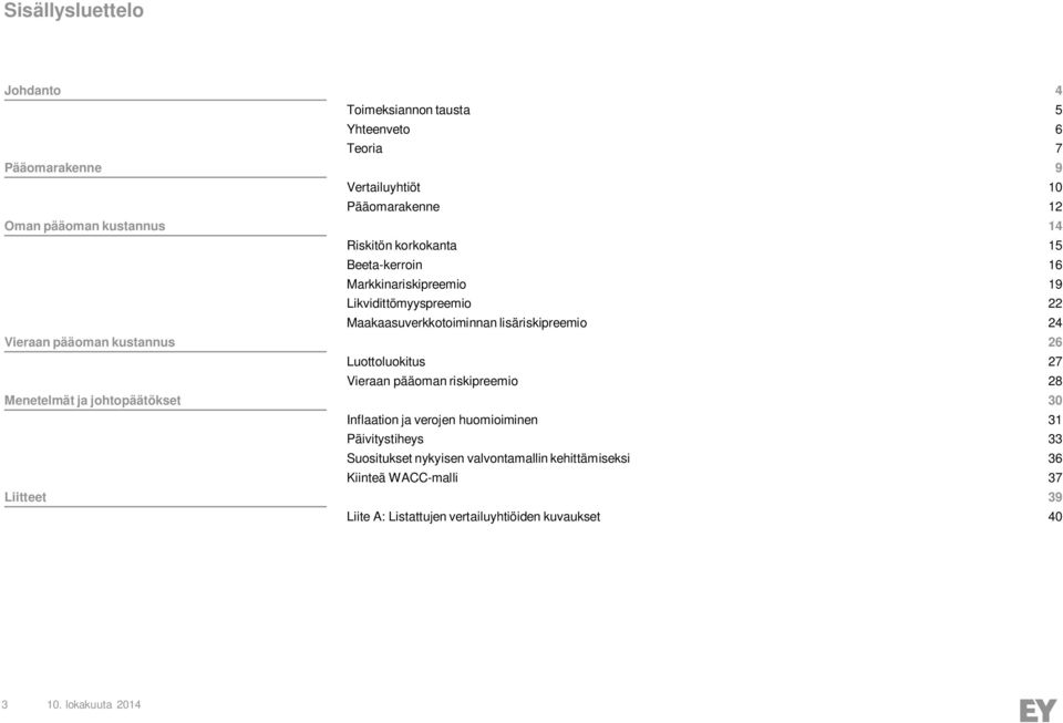 kustannus 26 Luottoluokitus 27 Vieraan pääoman riskipreemio 28 Menetelmät ja johtopäätökset 30 Inflaation ja verojen huomioiminen 31 Päivitystiheys 33