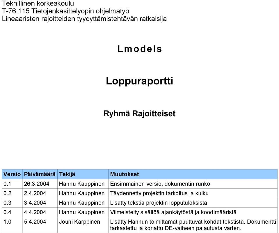 Tekijä Muutokset 0.1 26.3.2004 Hannu Kauppinen Ensimmäinen versio, dokumentin runko 0.2 2.4.2004 Hannu Kauppinen Täydennetty projektin tarkoitus ja kulku 0.3 3.