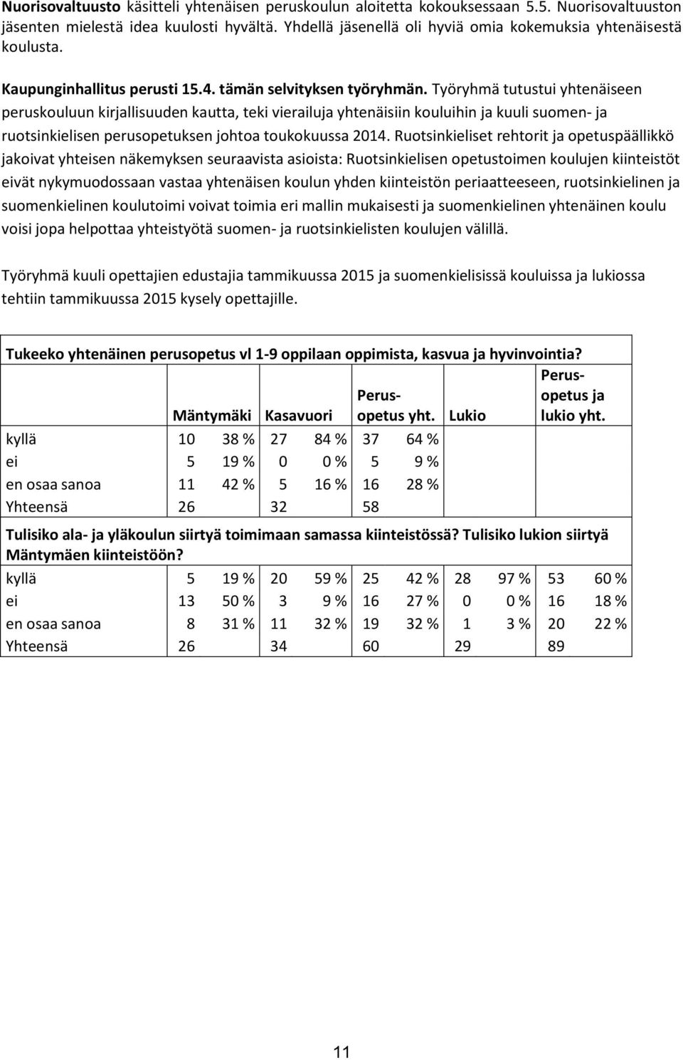 Työryhmä tutustui yhtenäiseen peruskouluun kirjallisuuden kautta, teki vierailuja yhtenäisiin kouluihin ja kuuli suomen- ja ruotsinkielisen perusopetuksen johtoa toukokuussa 2014.