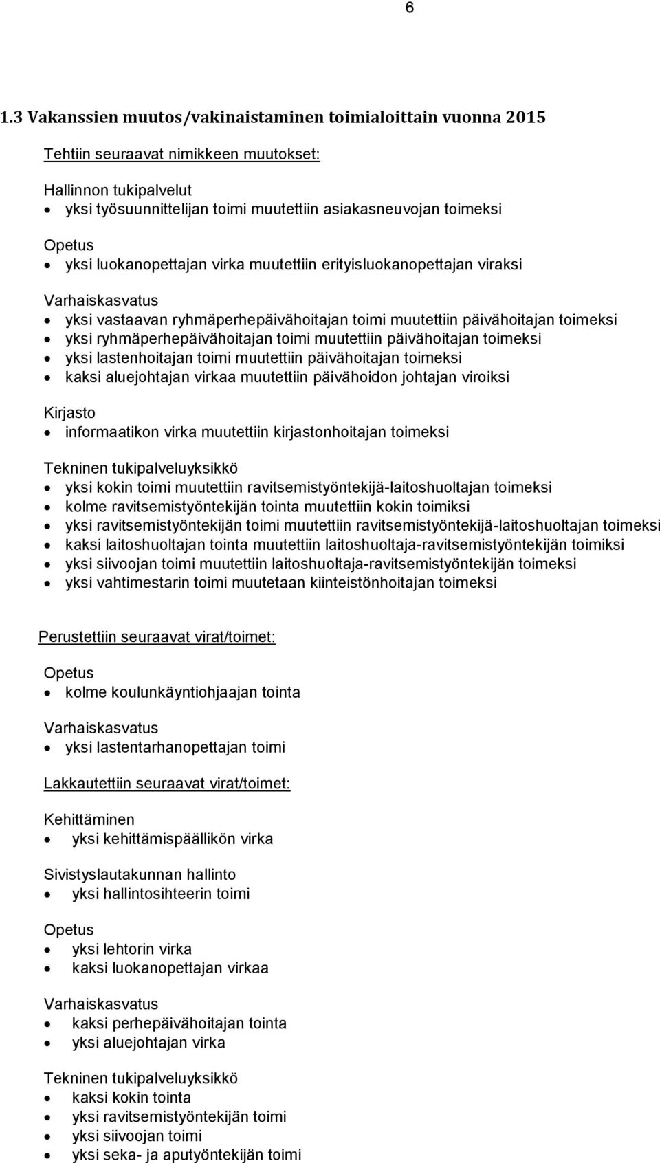 toimi muutettiin päivähoitajan toimeksi yksi lastenhoitajan toimi muutettiin päivähoitajan toimeksi kaksi aluejohtajan virkaa muutettiin päivähoidon johtajan viroiksi Kirjasto informaatikon virka