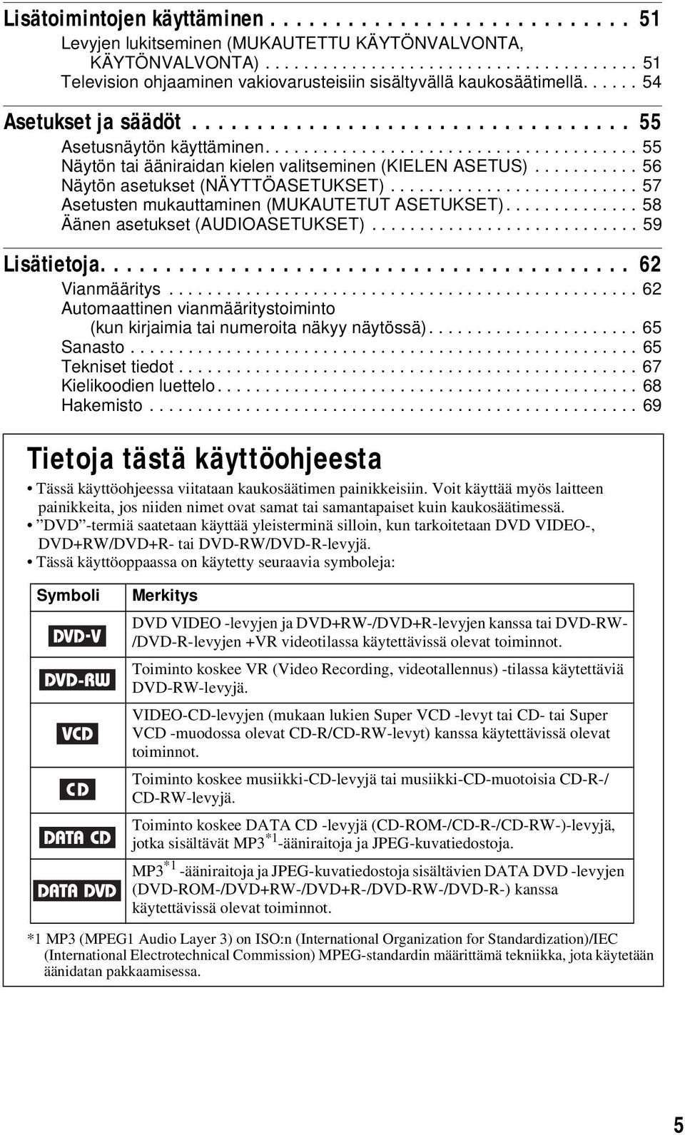 .......... 56 Näytön asetukset (NÄYTTÖASETUKSET).......................... 57 Asetusten mukauttaminen (MUKAUTETUT ASETUKSET).............. 58 Äänen asetukset (AUDIOASETUKSET)............................ 59 Lisätietoja.