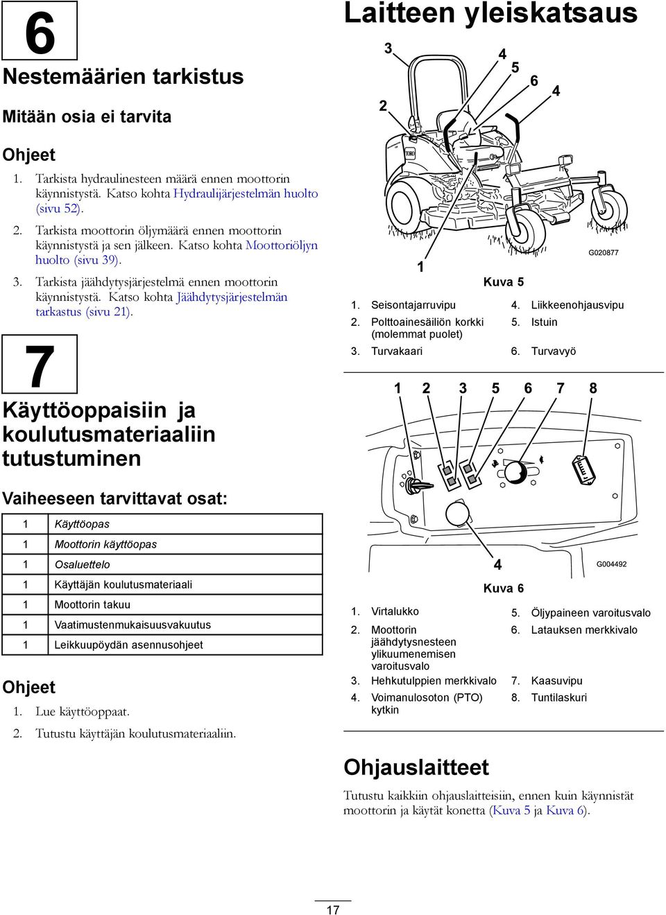 Katso kohta Jäähdytysjärjestelmän tarkastus (sivu 21). 7 Käyttöoppaisiin ja koulutusmateriaaliin tutustuminen Laitteen yleiskatsaus 2 3 1 4 5 6 Kuva 5 4 G020877 1. Seisontajarruvipu 4.