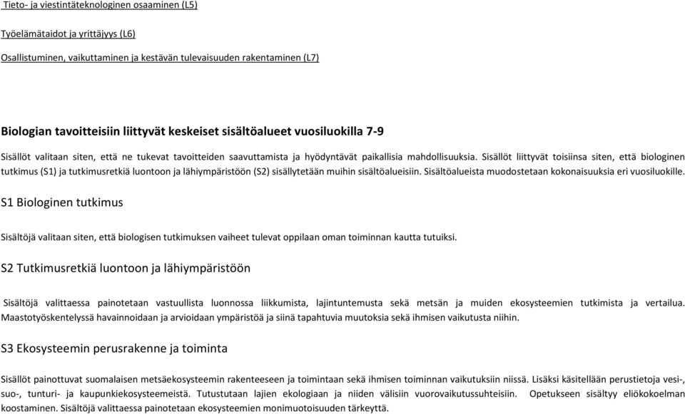 Sisällöt liittyvät toisiinsa siten, että biologinen tutkimus (S1) ja tutkimusretkiä luontoon ja lähiympäristöön (S2) sisällytetään muihin sisältöalueisiin.