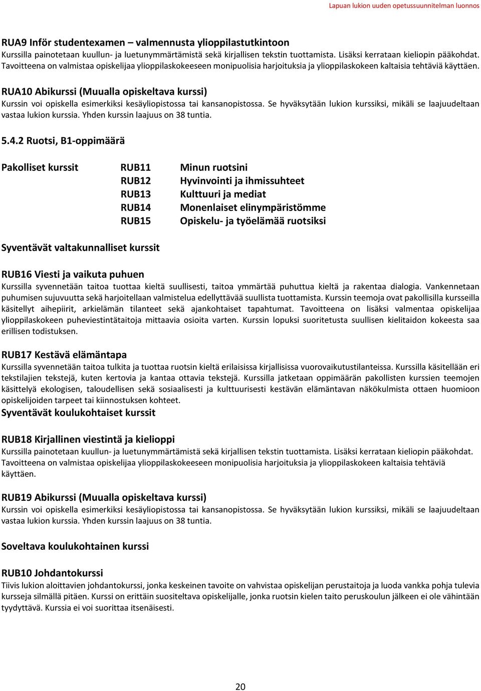 RUA10 Abikurssi (Muualla opiskeltava kurssi) Kurssin voi opiskella esimerkiksi kesäyliopistossa tai kansanopistossa. Se hyväksytään lukion kurssiksi, mikäli se laajuudeltaan vastaa lukion kurssia.